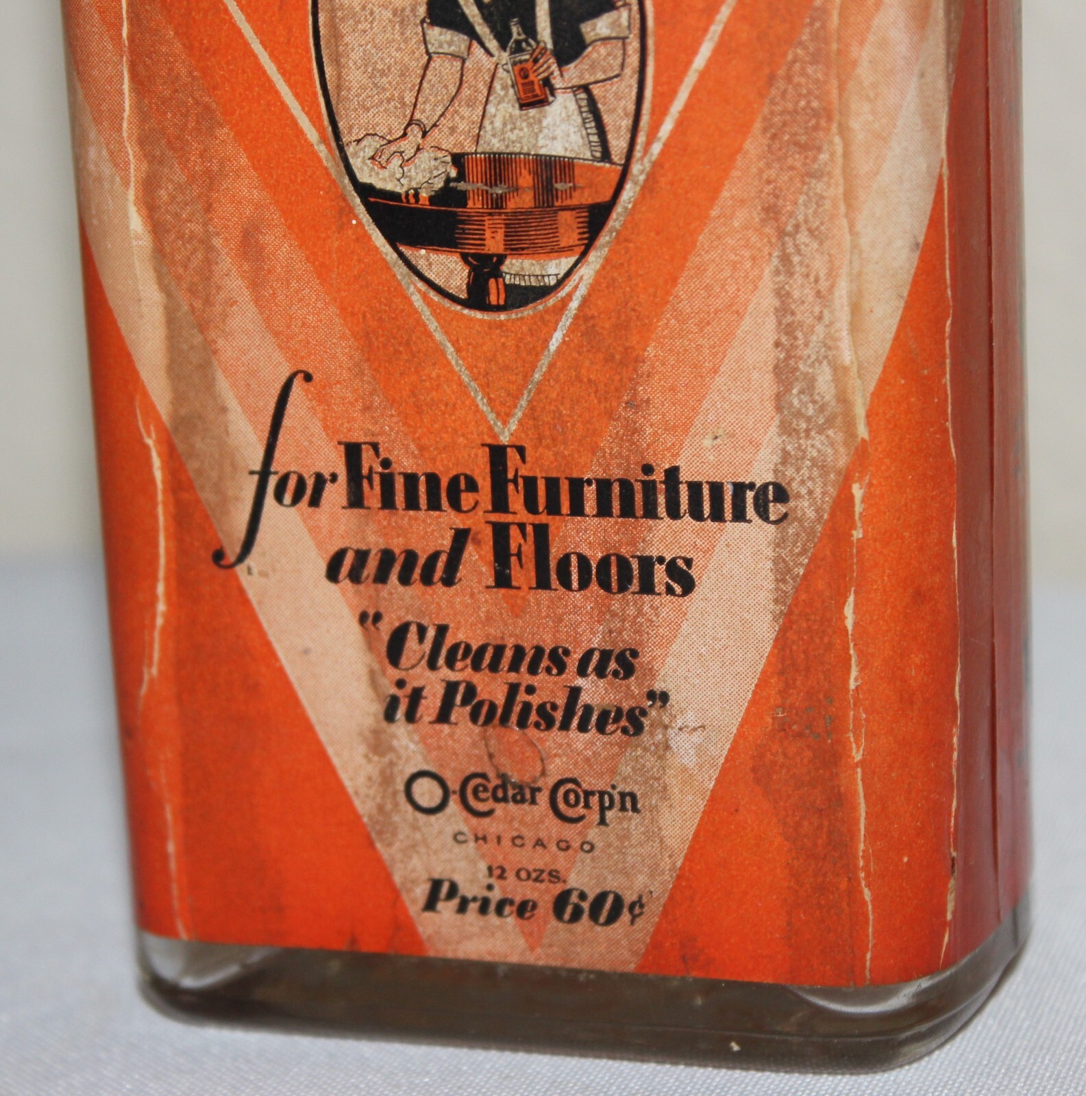 Antique O-CEDAR Polish Glass Bottle Paper Lable Wood Stopper Cap Advertising