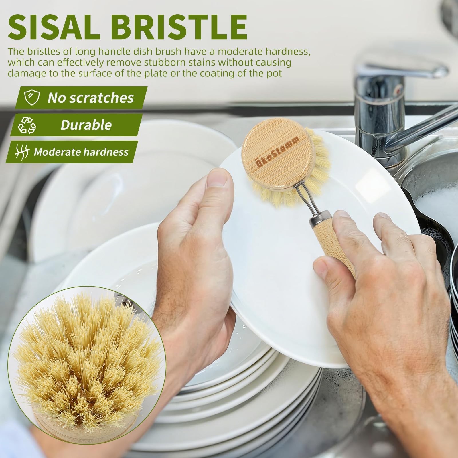 ÖkoStamm Bamboo Dish Brush with Long Handle – Natural Dish Scrubber Brush Set…
