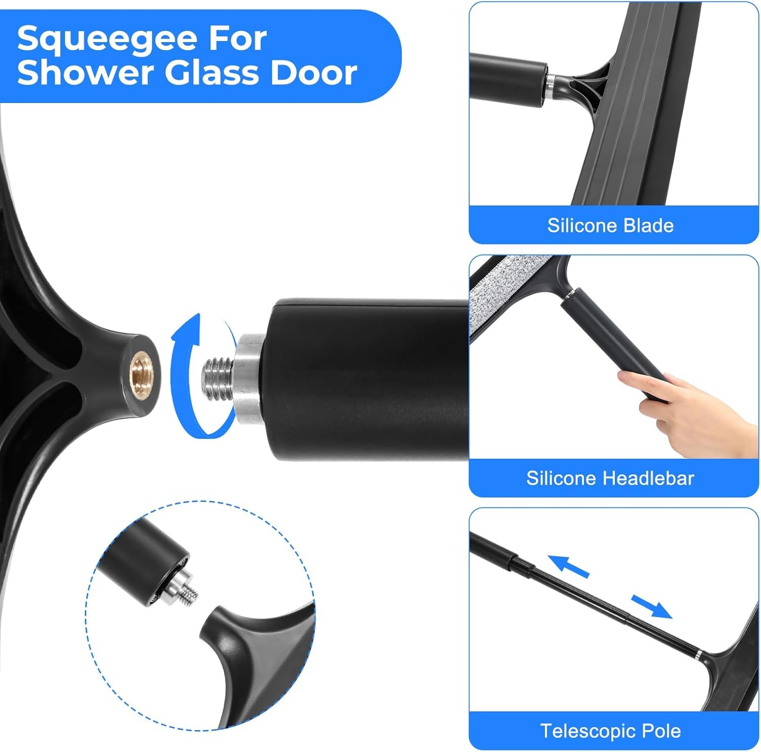 Shower Squeegee with Long Handle,Includes Replaceable and Washable Cloth Pads