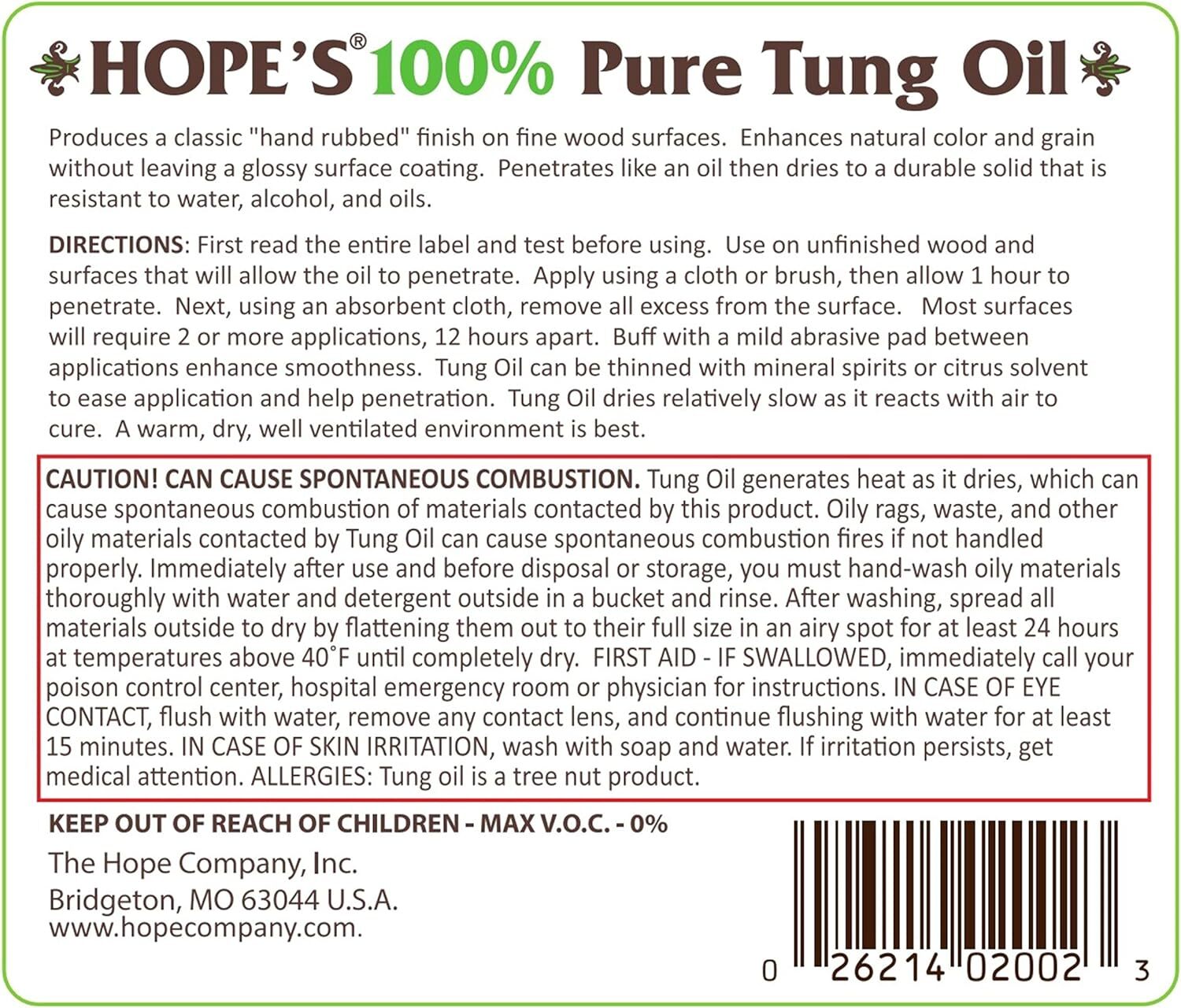 HOPE’S 100% Pure Tung Oil, Wood Finish for Furniture & Floors, All Natural 32oz