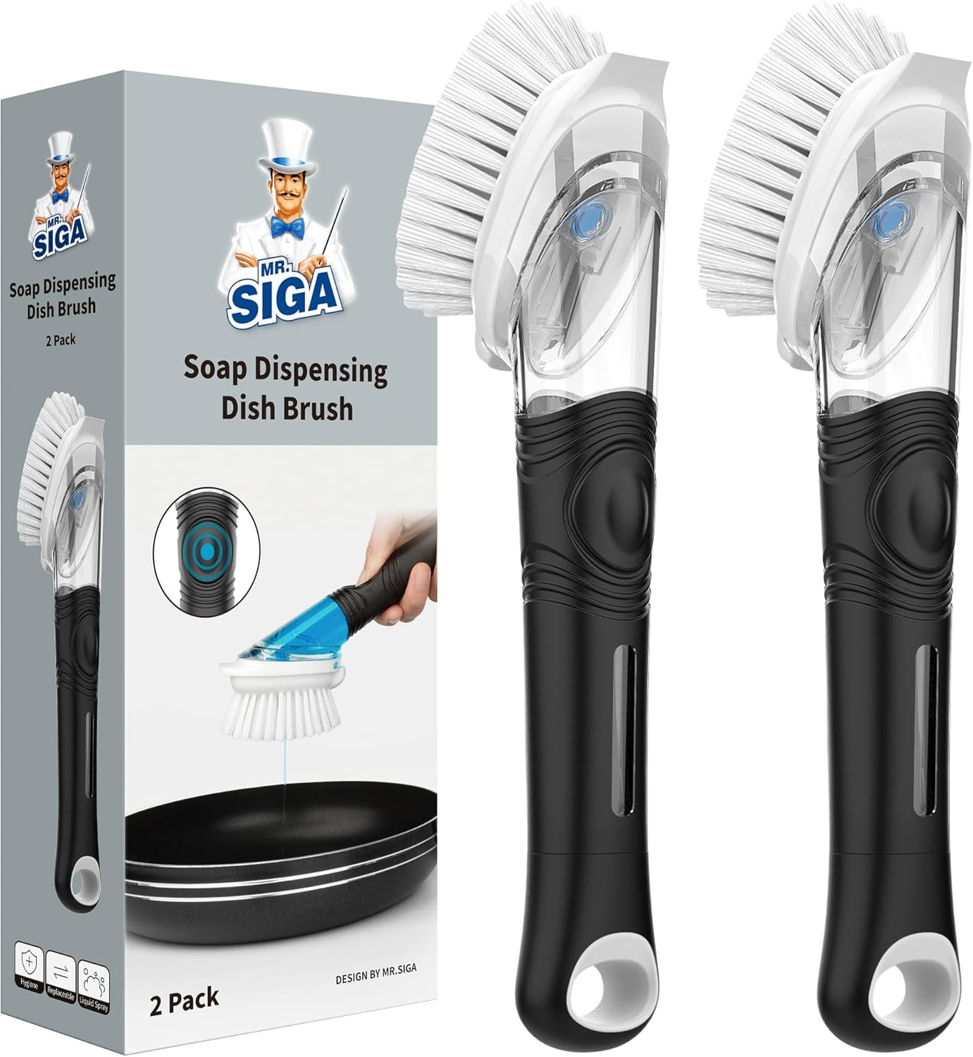 Soap Dispensing Dish Brush Set – 2 Pack Kitchen Cleaning Brushes, Black