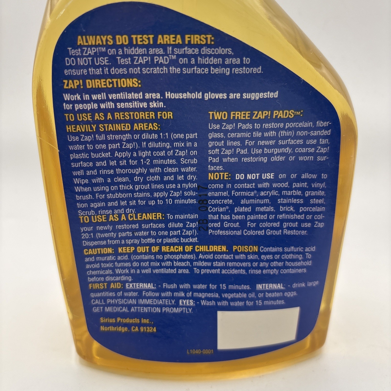 ZAP! PROFESSIONAL RESTORER Tile Porcelain Grout 32 oz Spray Bottle 95% Full