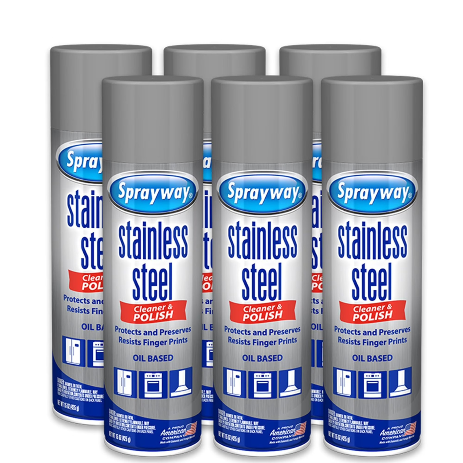 Sprayway Stainless Steel Cleaner Aerosol Spray Oil-Based, 15oz, Pack of 6 Cleans