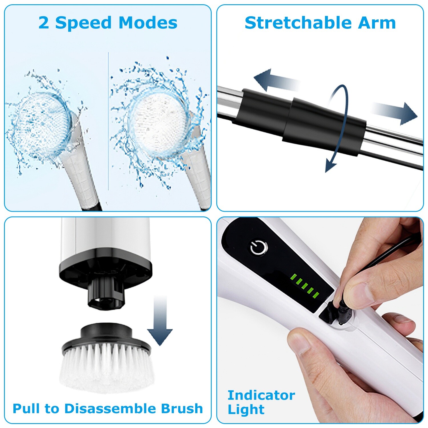 Rechargeable Electric Spin Scrubber Cordless Telescopic Cleaning Brush w/8 heads
