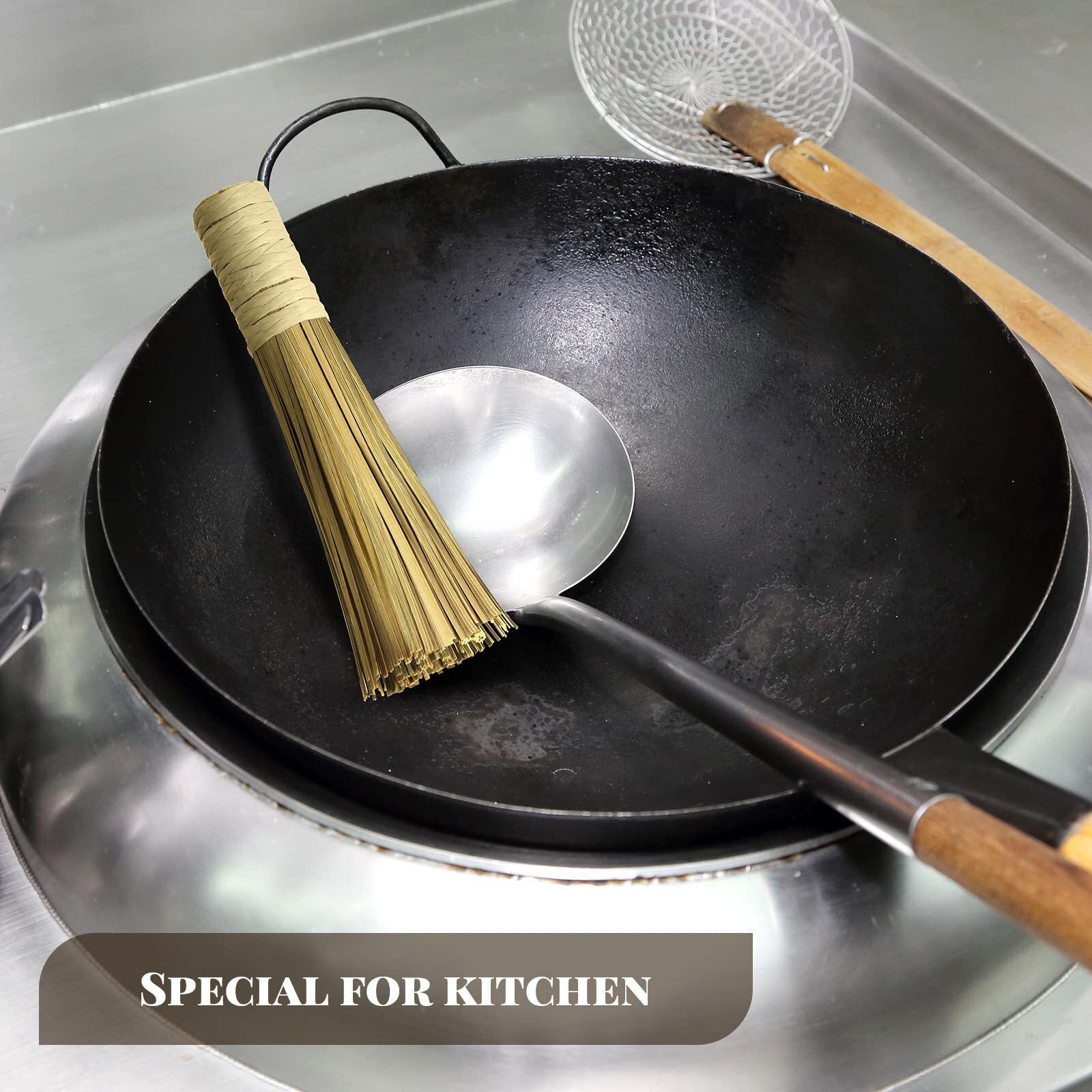 12 Inches Wok Brush Cleaning Whisk Bamboo Scrub Brush Kitchen Cleaning Brushes B