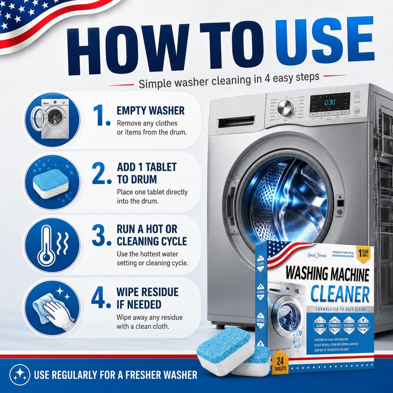 Bio-Enzyme Washing Machine Cleaner Tablets 24 Pack, 5X Power Deep Cleaning Wa…