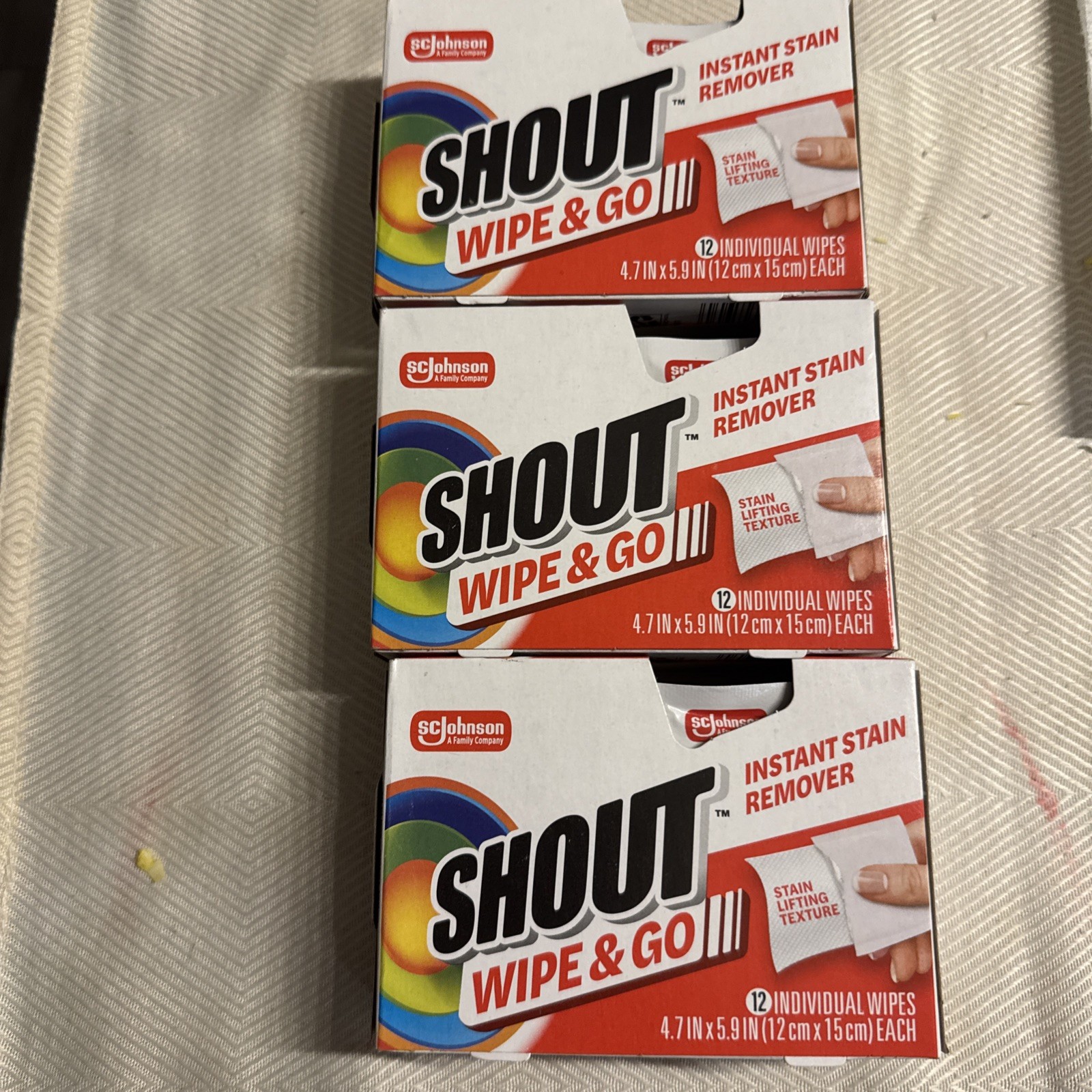 Shout Wipes Stain Remover Wipes 36 individual packed wipes (12 per pack) Lot 3 B