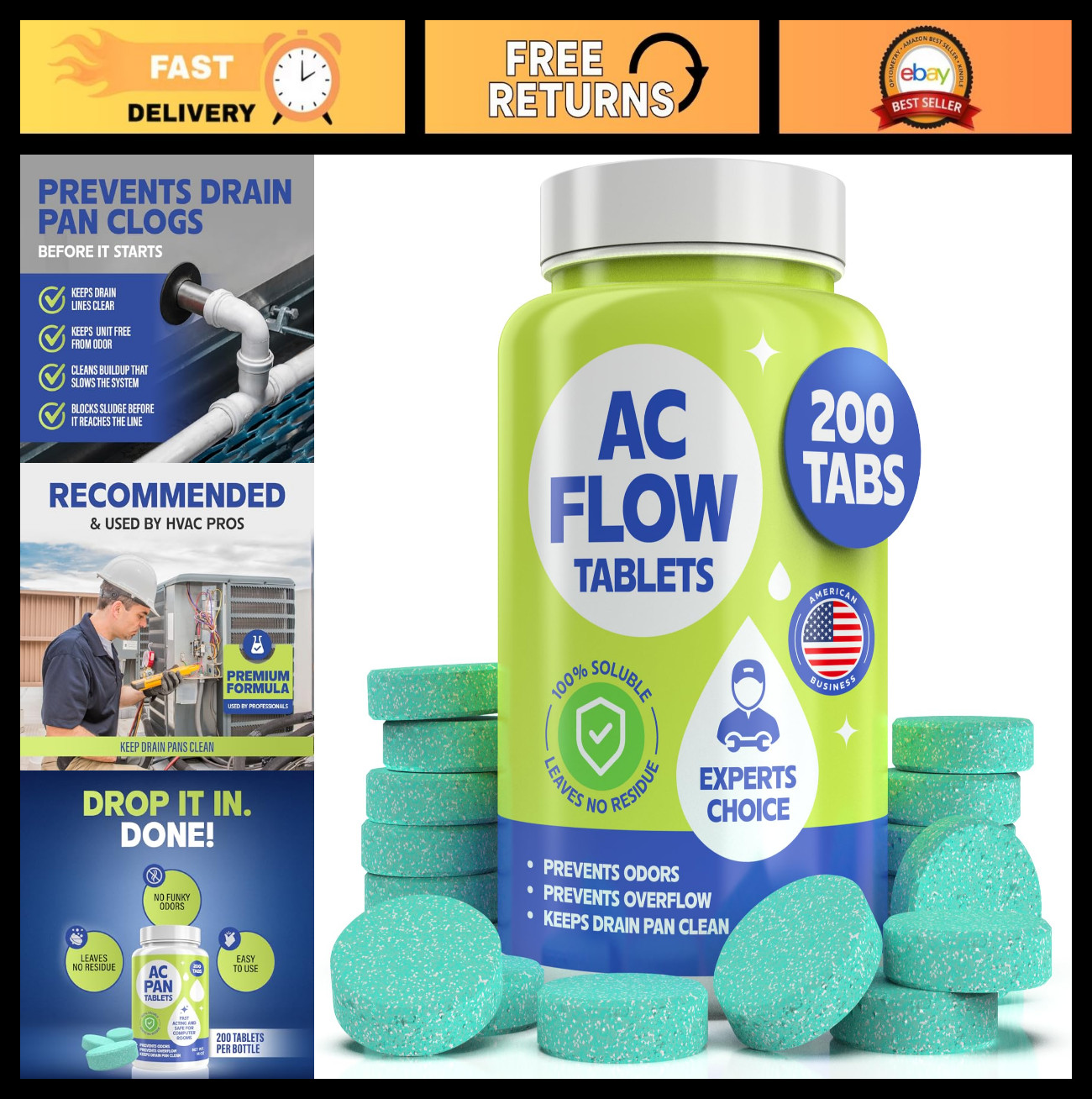 HVAC Drain Line Cleaner Tablets – Prevent Odors, Clean Drain Pan, 4-Week Supply