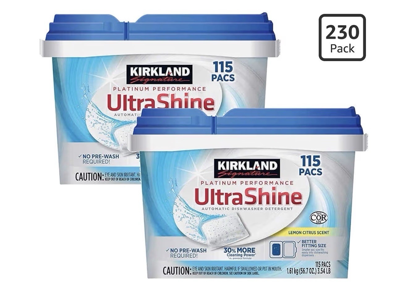 Kirkland Signature UltraShine Platinum Dishwasher Detergent Pacs 230 Lemon