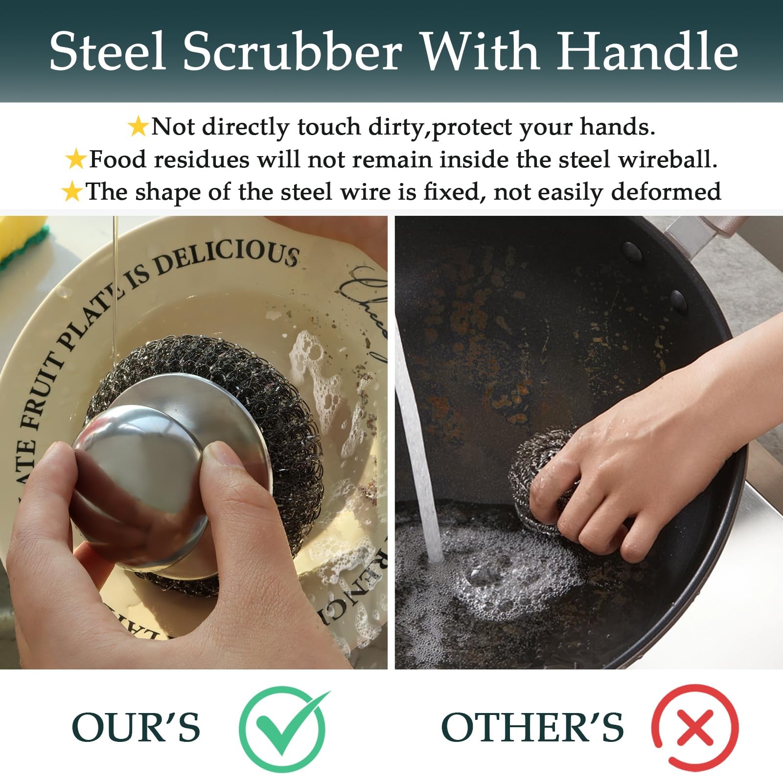 2Pcs Stainless Steel Wool Scrubber Set with Handle，2 Replacement Steel Scrubb…