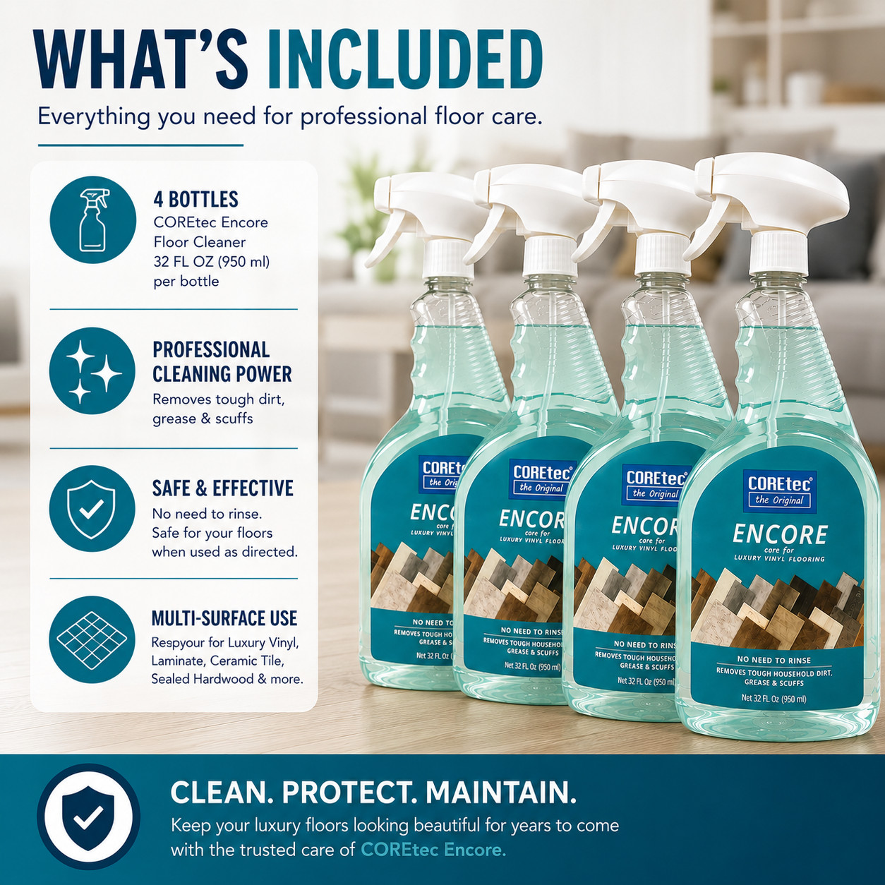 COREtec Encore 32oz Floor Cleaner 4 Pack Luxury Vinyl Hardwood Laminate