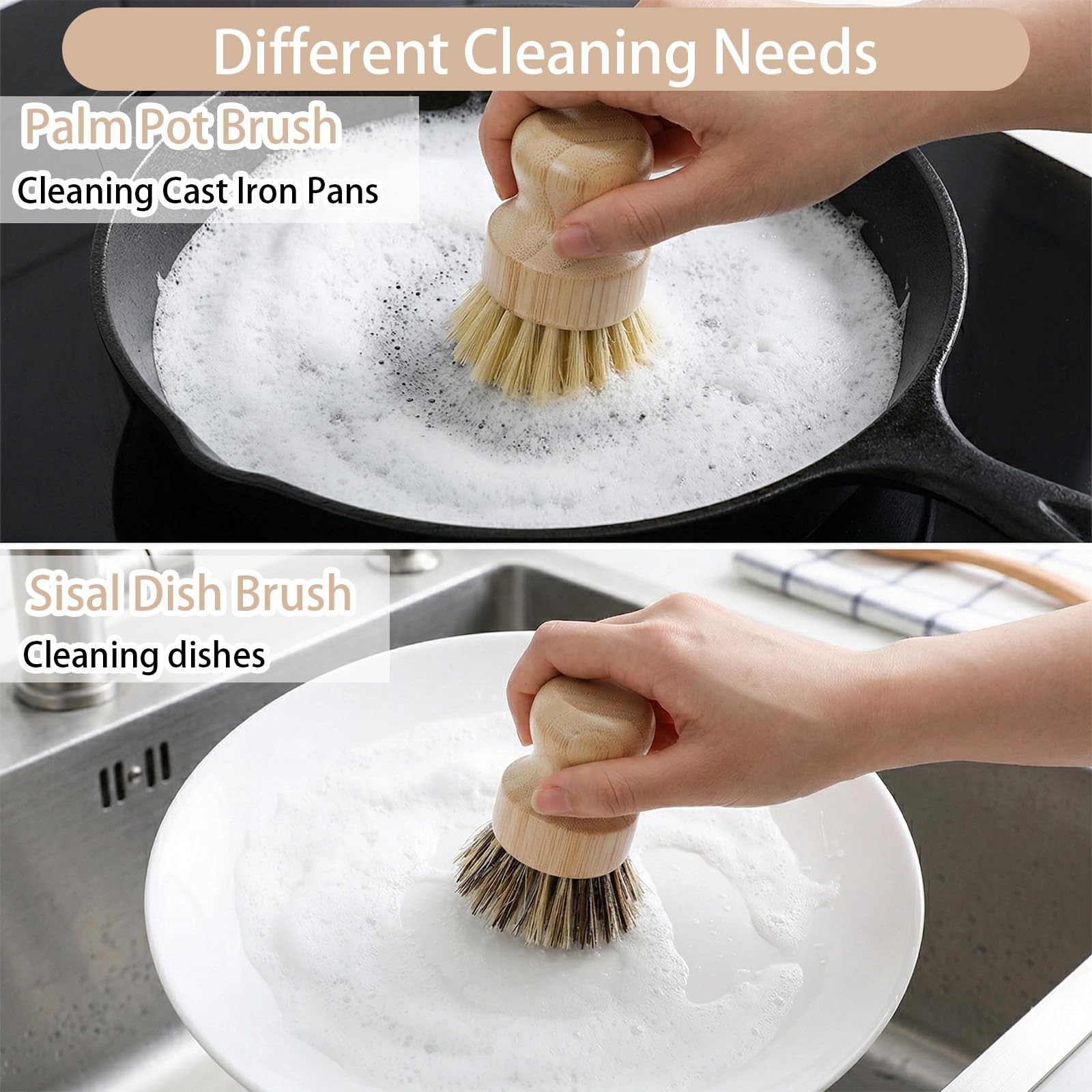 7-Piece Dish Brush Set, Natural Kitchen Scrub Brush Kit with Wooden Handle fo…