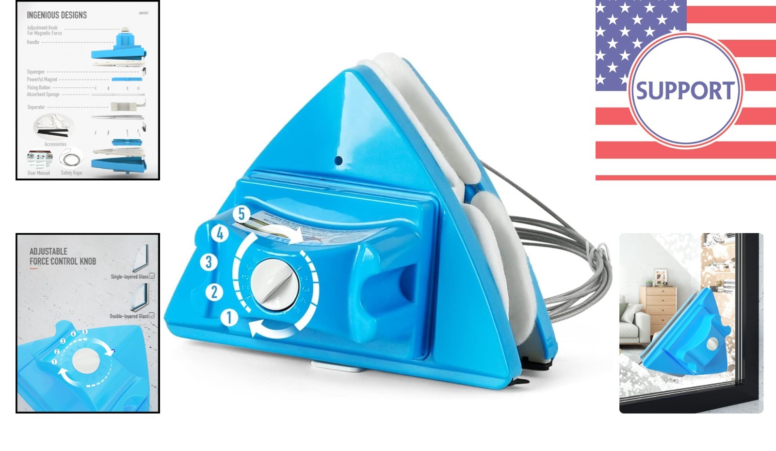 Adjustable Double Window Cleaner with Safety Rope – Ideal for High-Rise and Cars