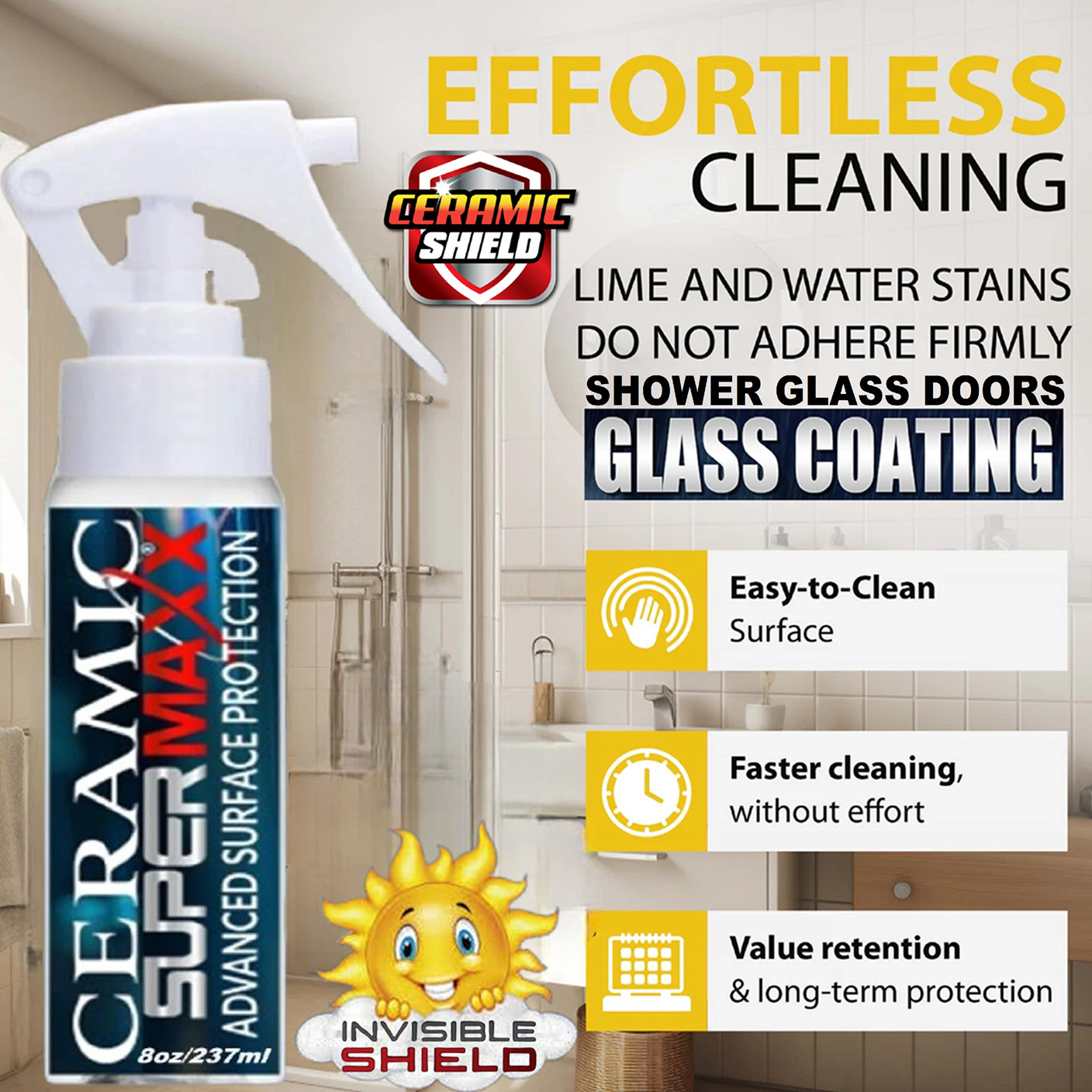 SHOWER GLASS DOOR CERAMIC COATING PREVENTS HARD WATER SPOTS SOAP SCUM
