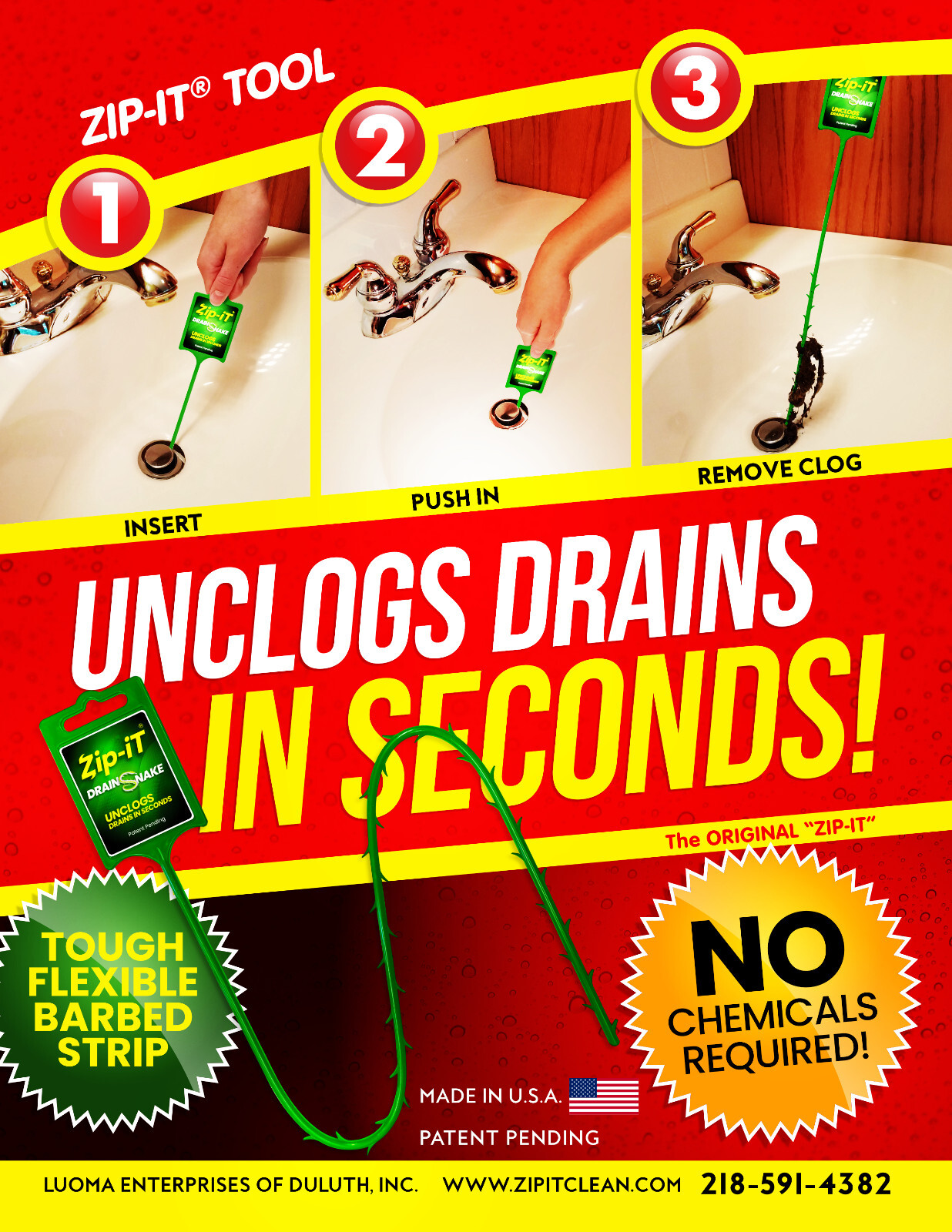 ZIP IT DRAIN CLEANER, 3-Pack Plastic Drain Stick Hair Clog Remover, drain snake