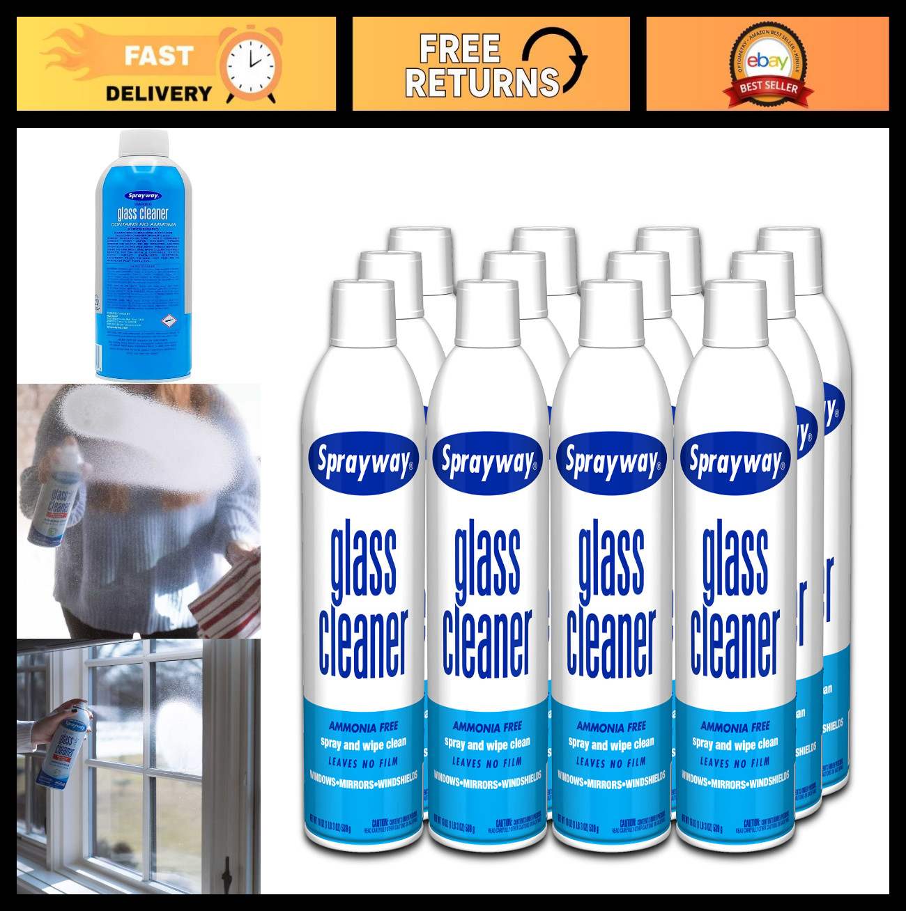 Streak-Free Foaming Glass Cleaner Spray for Home & Auto, 19 oz, Pack of 12