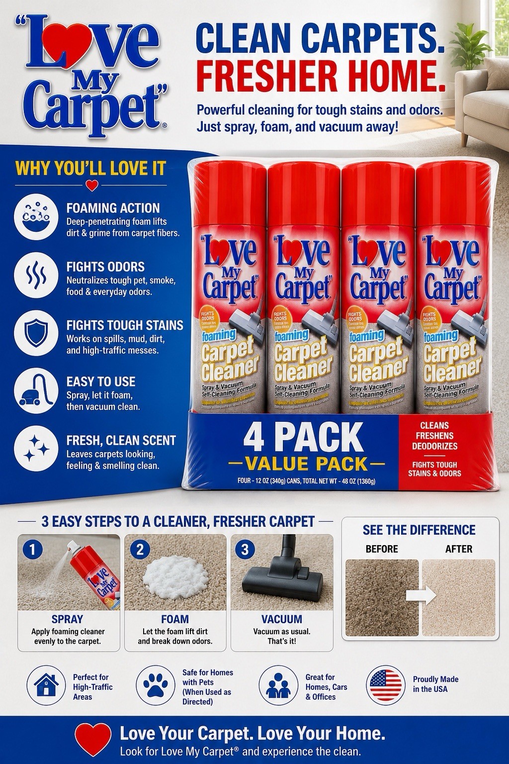 4 PK LOVE MY CARPET FOAM CLEANER 12oz FAST SHIPPING 🔹🔹