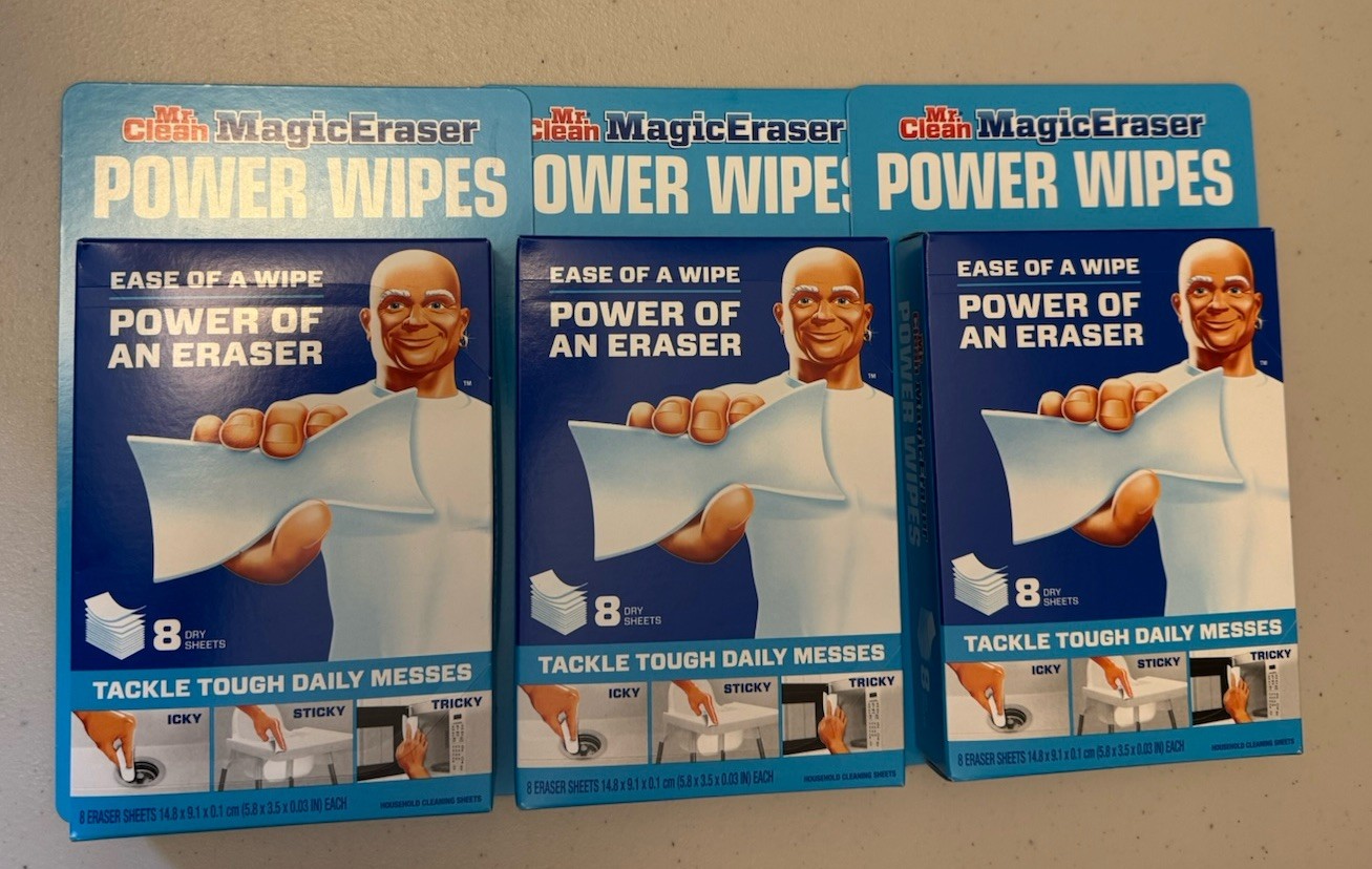 3-Mr. Clean Magic Eraser Power Wipes Thin Dry Sheets 8 Counts per pack NEW