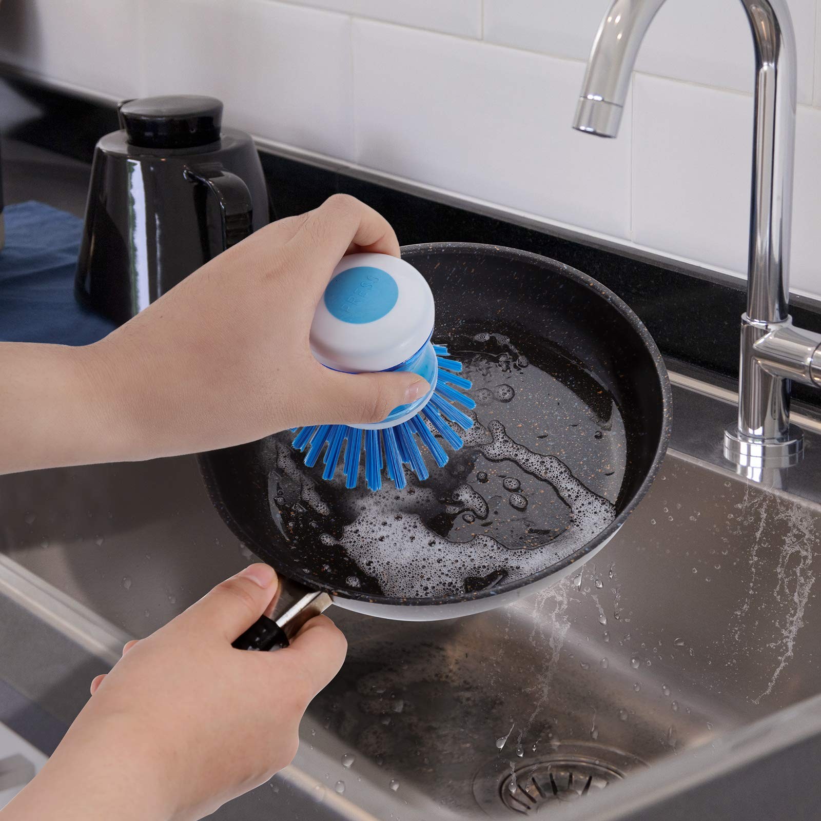 Dish Brush with Soap Dispenser for Dishes Pot Pan Kitchen Sink Scrubbing, Blue 2
