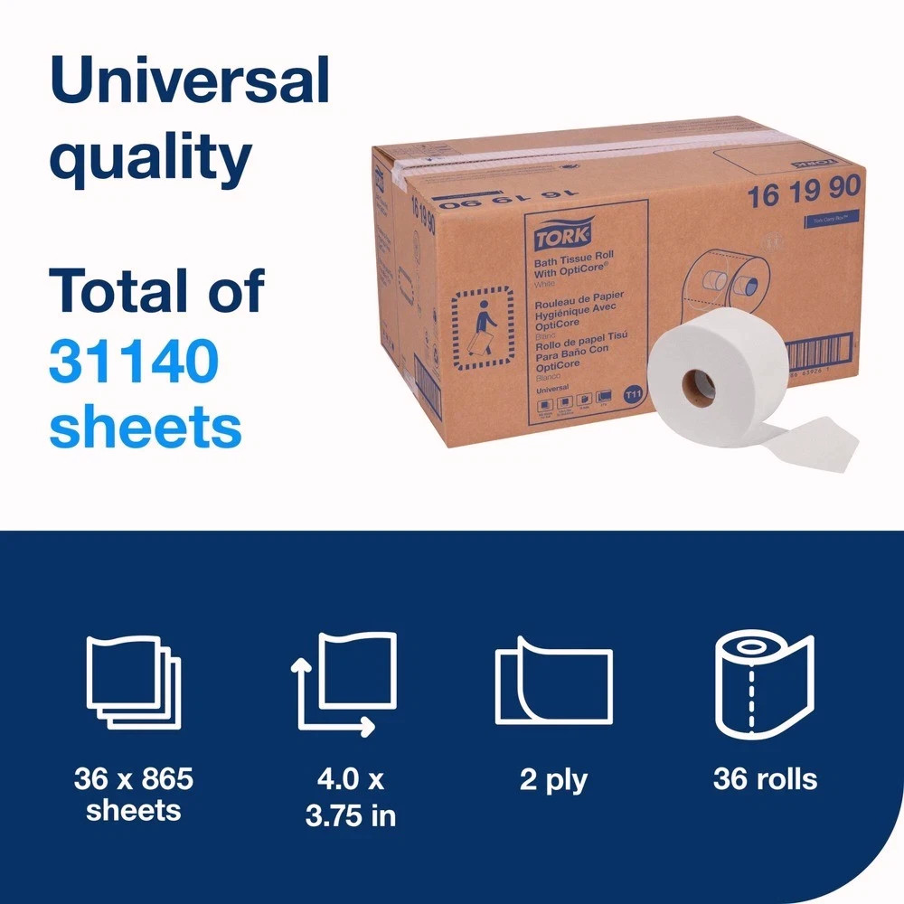 Tork 161990 2-Ply Universal Bath Tissue Roll w/ OptiCore – White (36/Carton) New