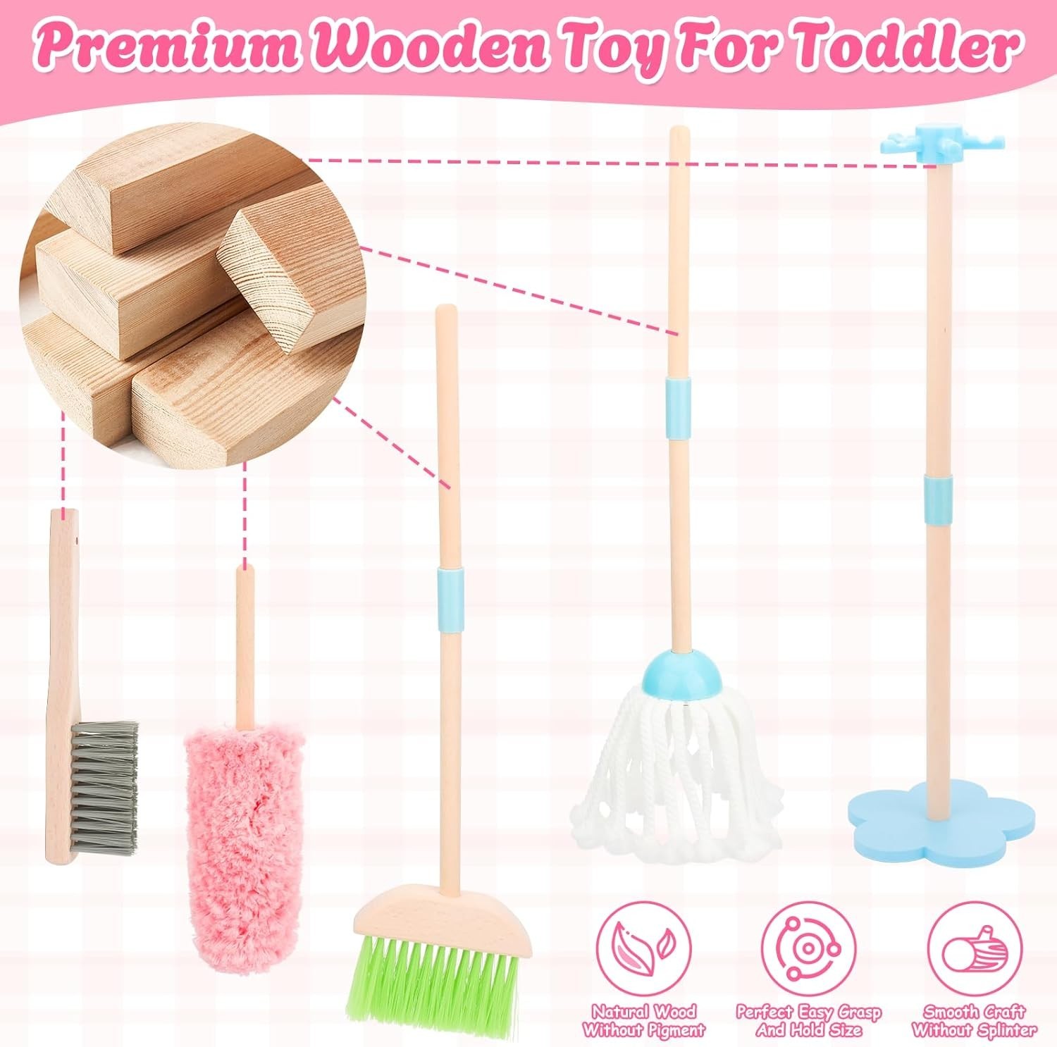 Kids Cleaning Set Wooden Toddler Broom Mop Playhouse Housekeeping Toy for Ages 3