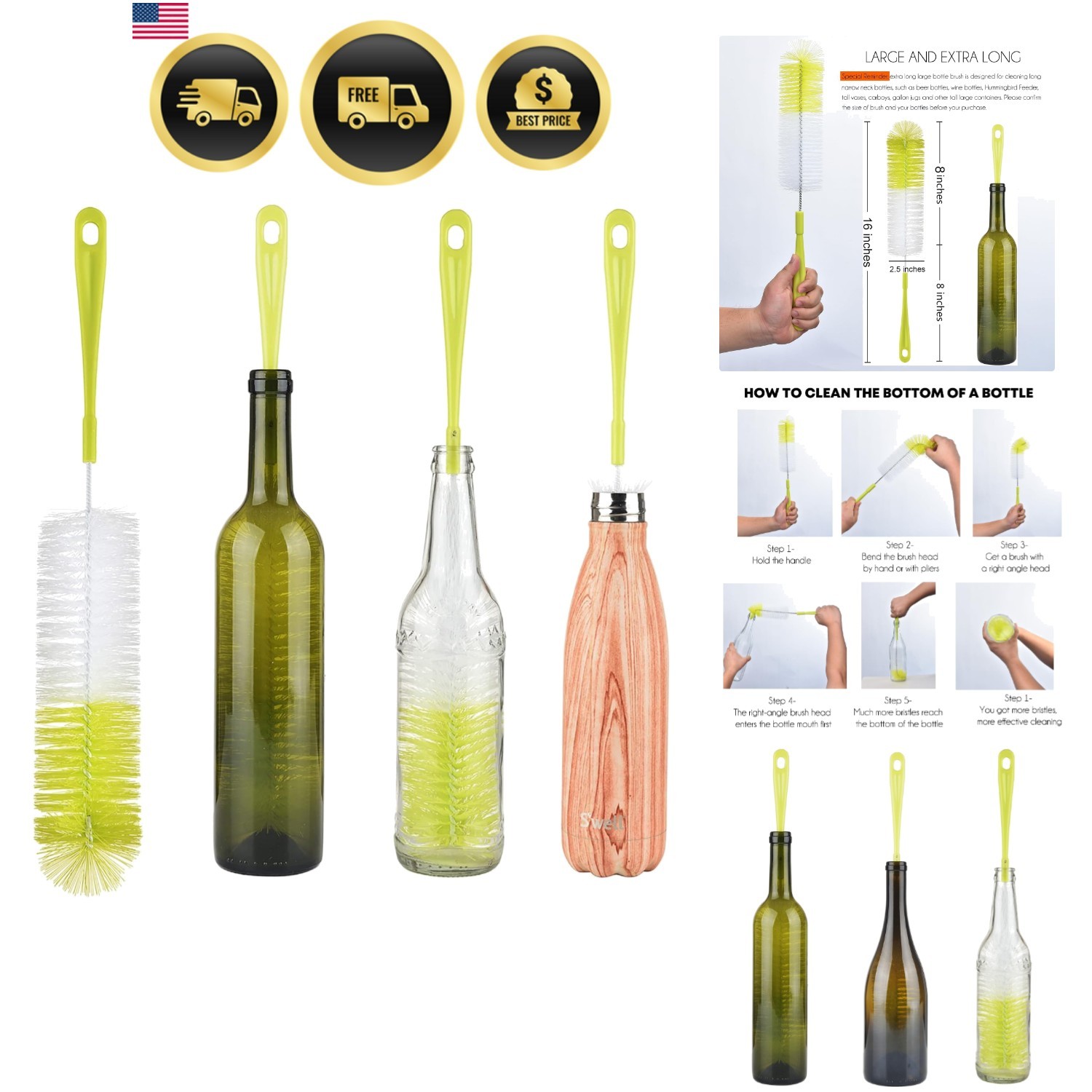 16 inch Long Bottle Brush Cleaner for Washing Wine/Beer/Sport Well/Thermos/Gl…