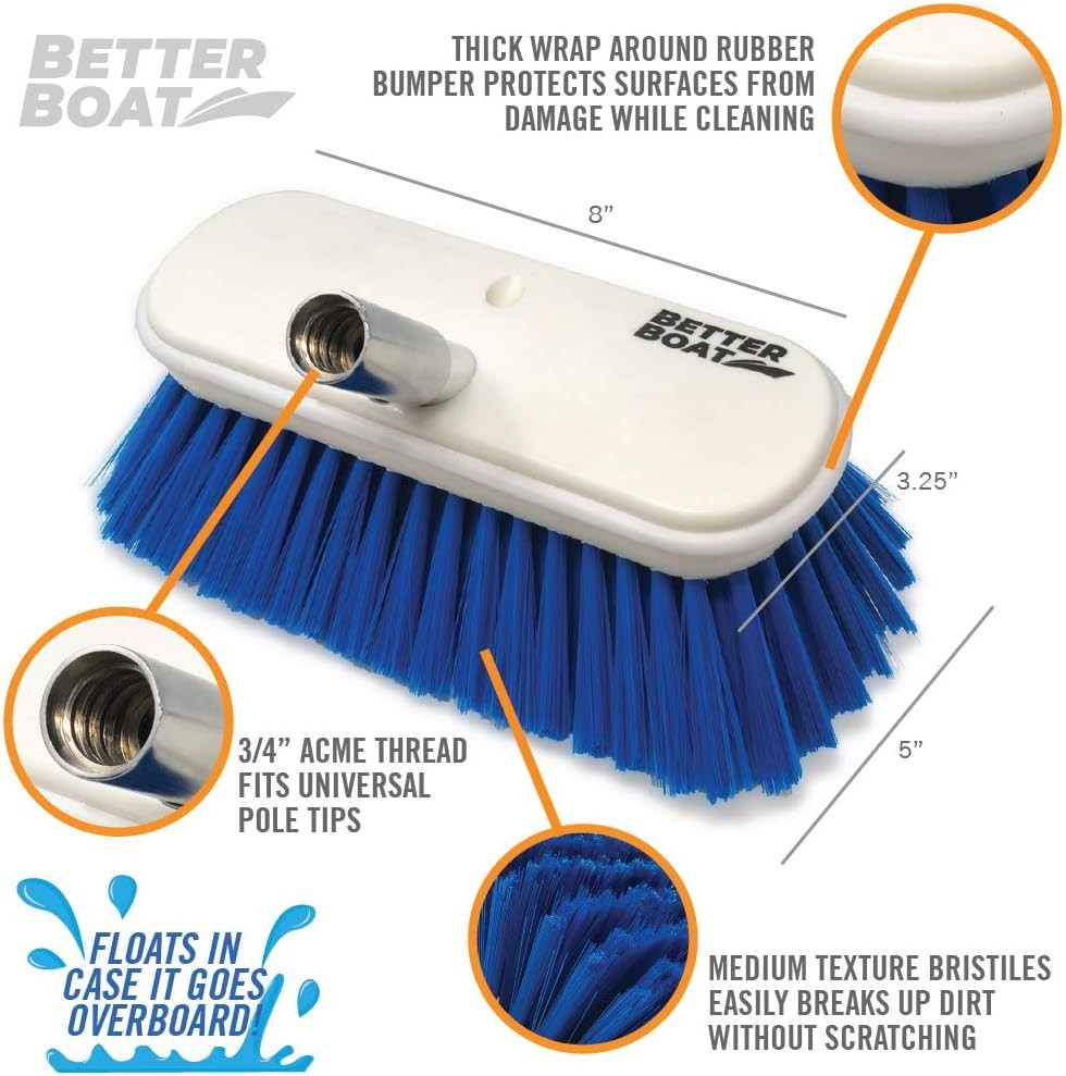 Medium Boat Deck Brush, Heavy-Duty Marine Brush Head, 8″ Bristle with Bumper,…