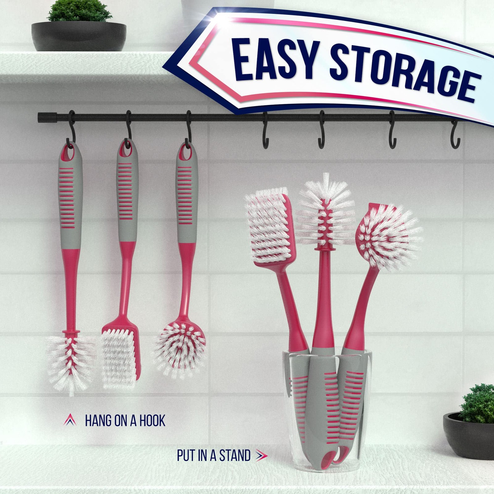 Dish Brush Set of 4 – Kitchen Scrub Brushes with Non-Slip Long Handle for Cle…
