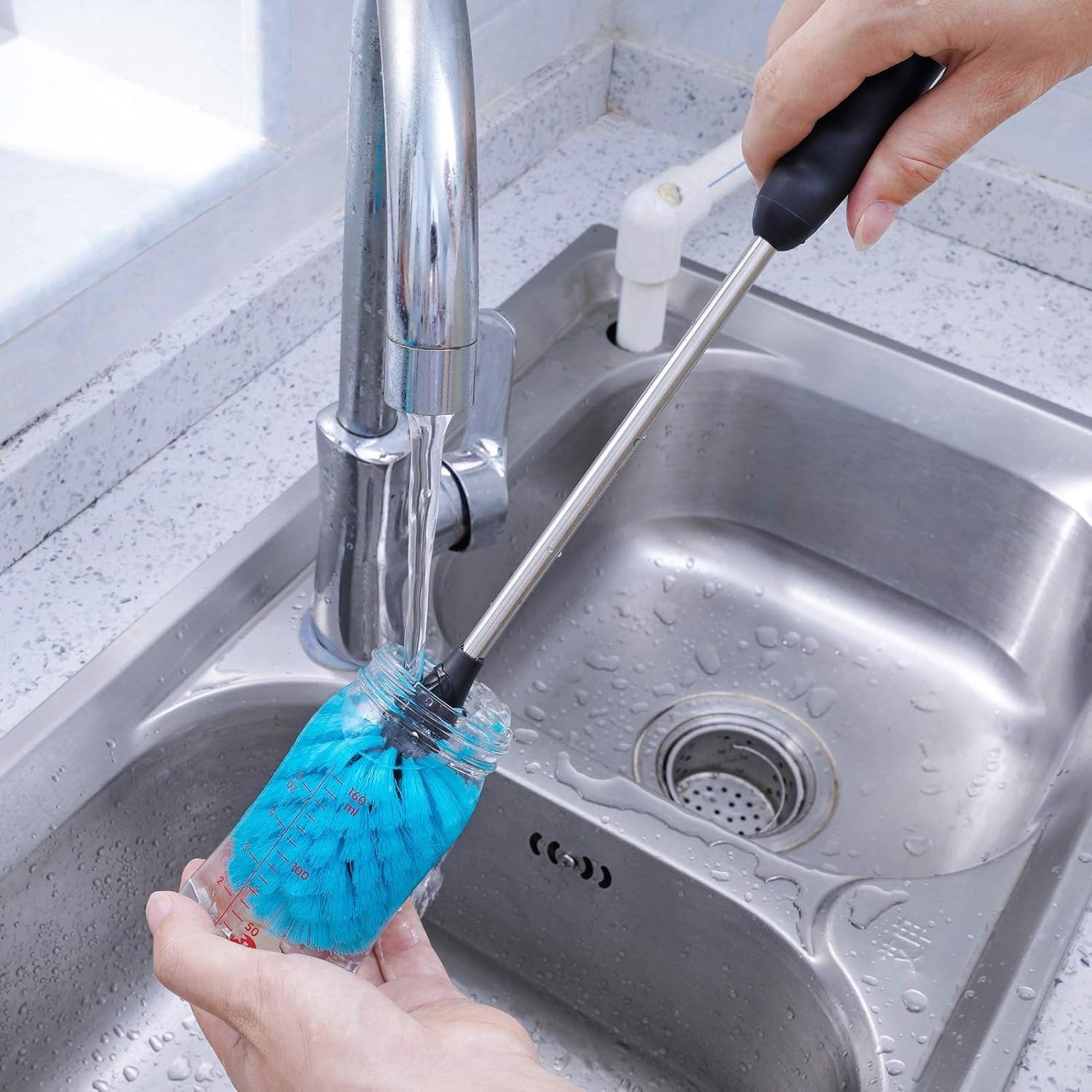 Non-Slip Grip Stainless Steel Brush for Water Bottles & Glassware – 15” Long