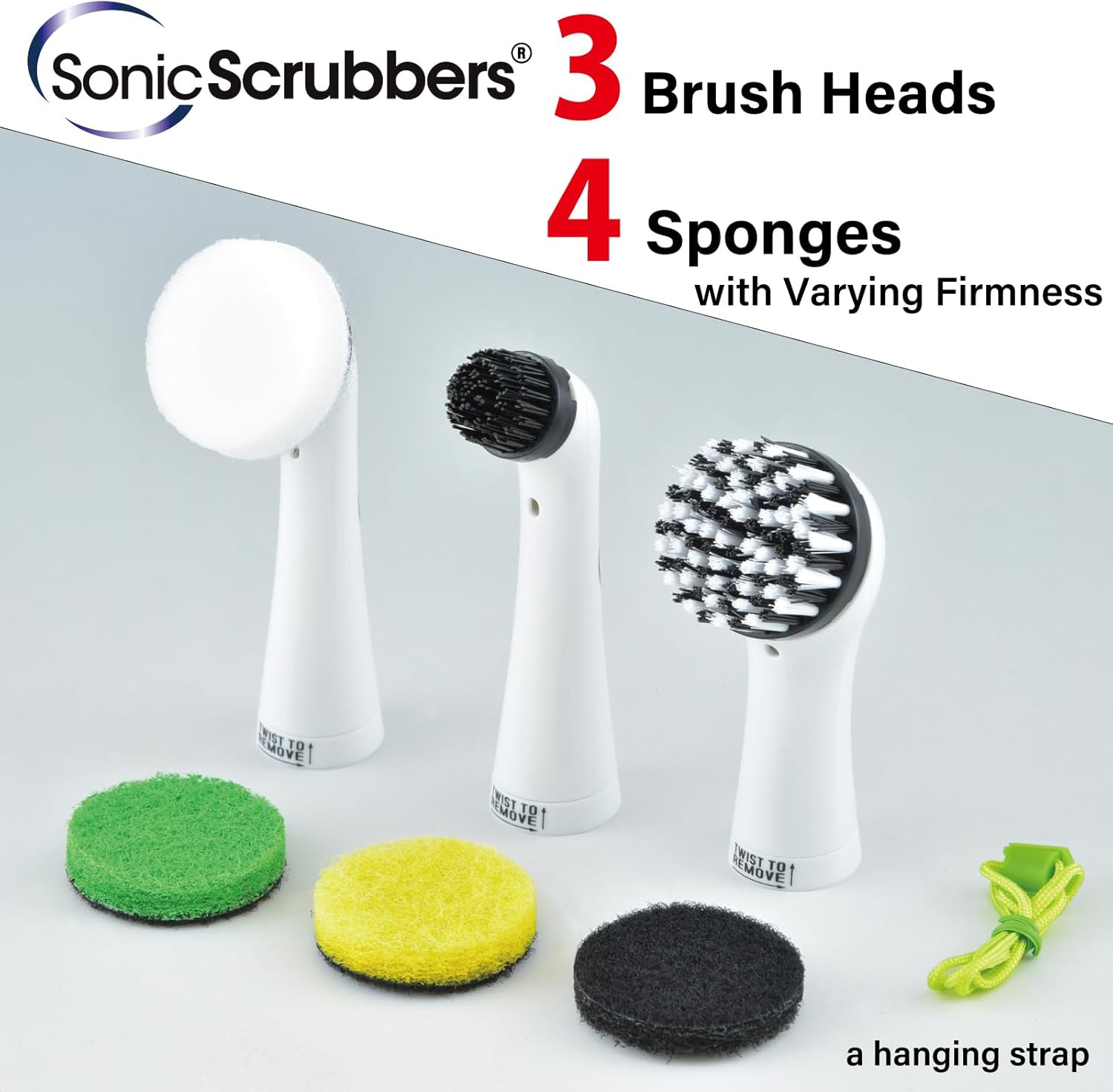Sonic Scrubber – Super Electric Cleaning Brush | 3 Heads & 4 Multi-Firm Pads to