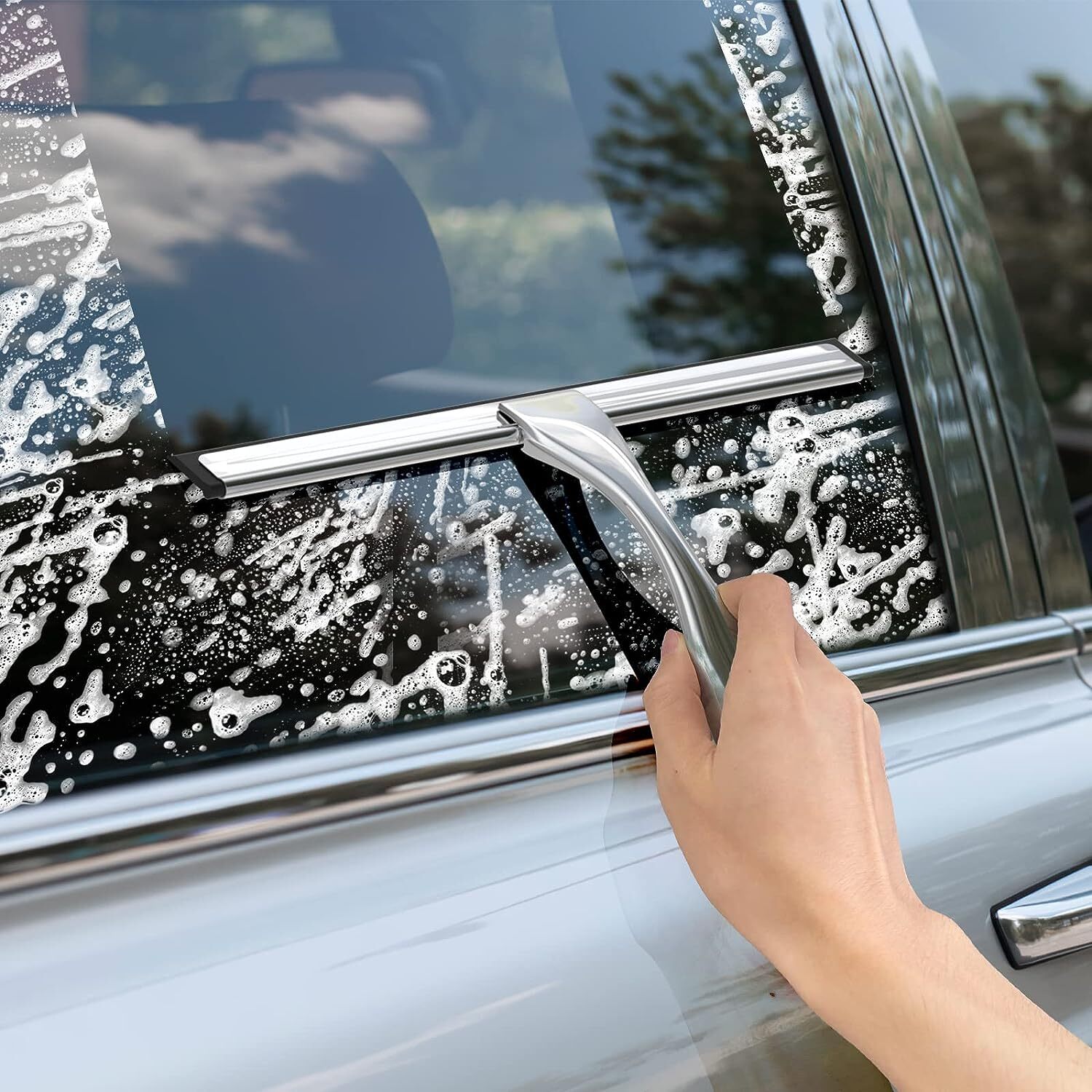10” Shower Squeegee for Car with 2 Adhesive Hooks Silver Stainless Steel