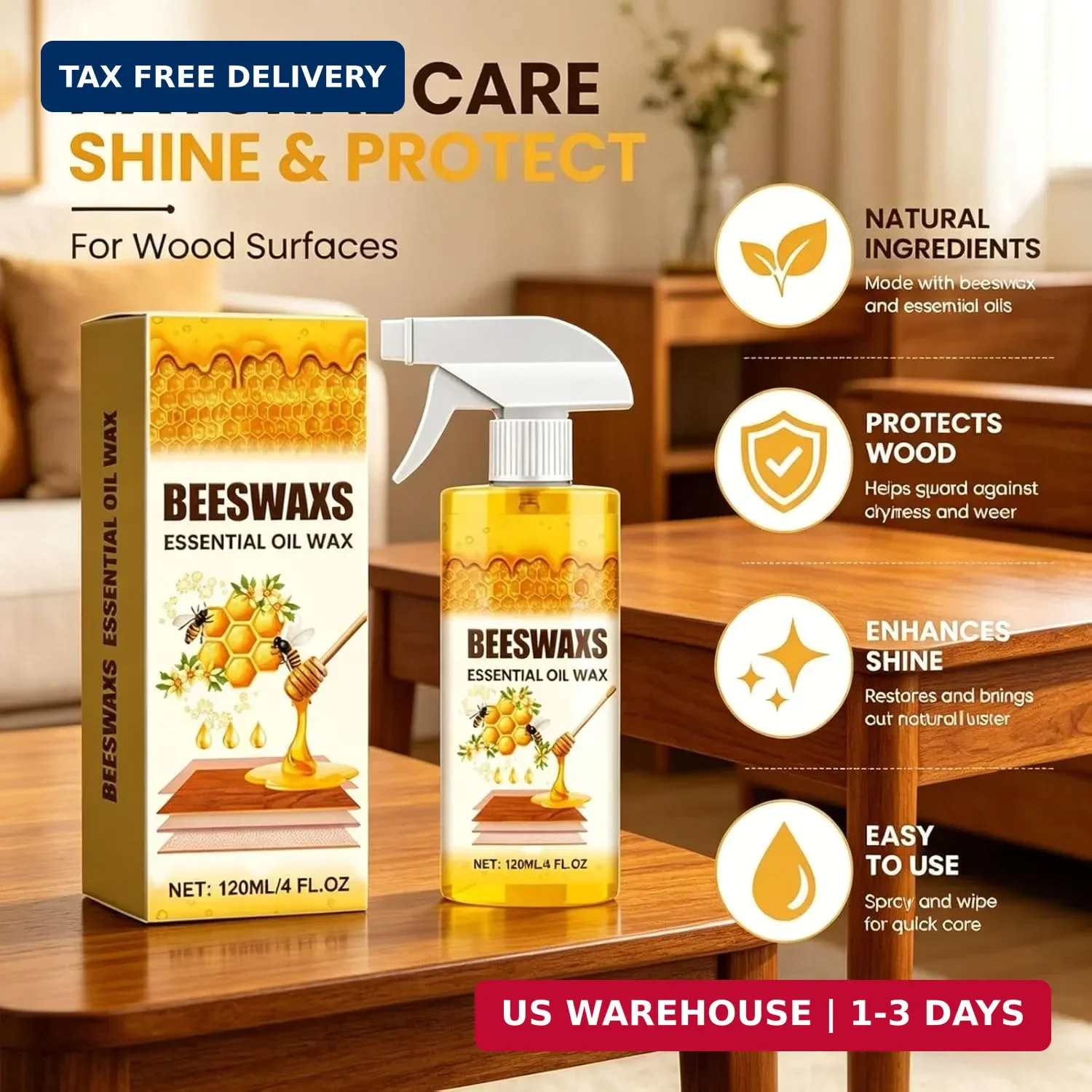 Natural Beeswax Spray, Beeswaxs Essential Oil Wax, Multi-Purpose Furniture Beesw