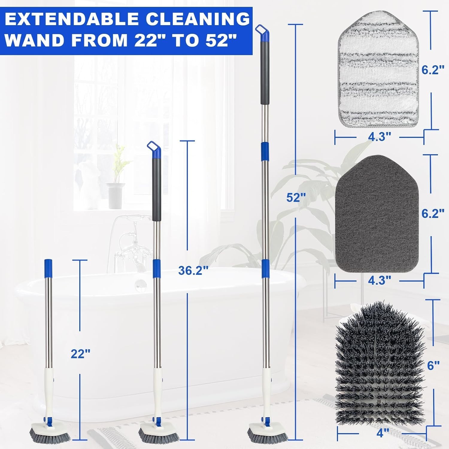 3-in-1 Tub Tile Scrubber Brush with Telescopic Pole & Pads for Bathroom, Sink