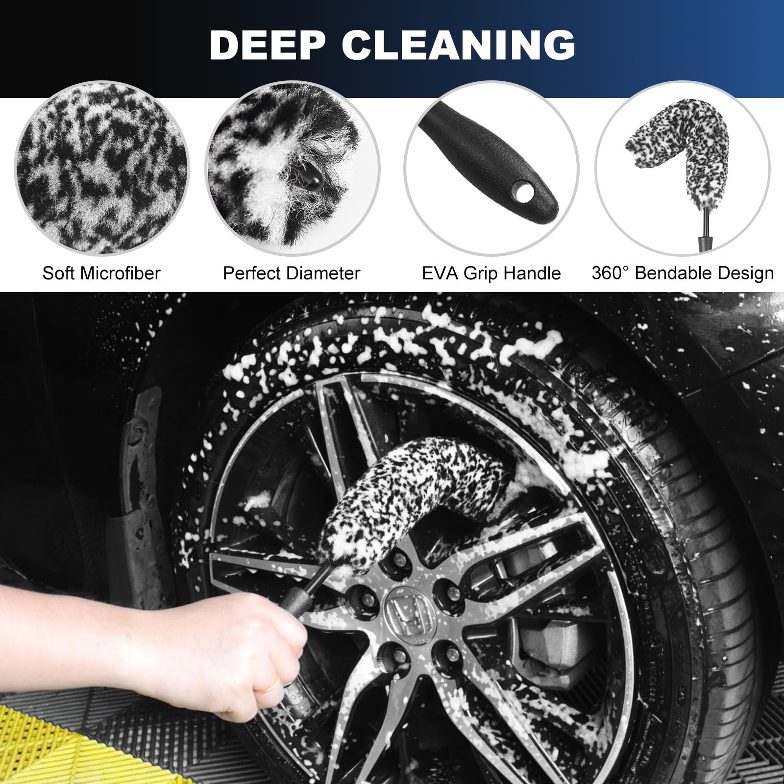 Car Wheel & Tire Brush , Wheel Cleaner Brush, Soft & Stiff Bristle Cleaning B…