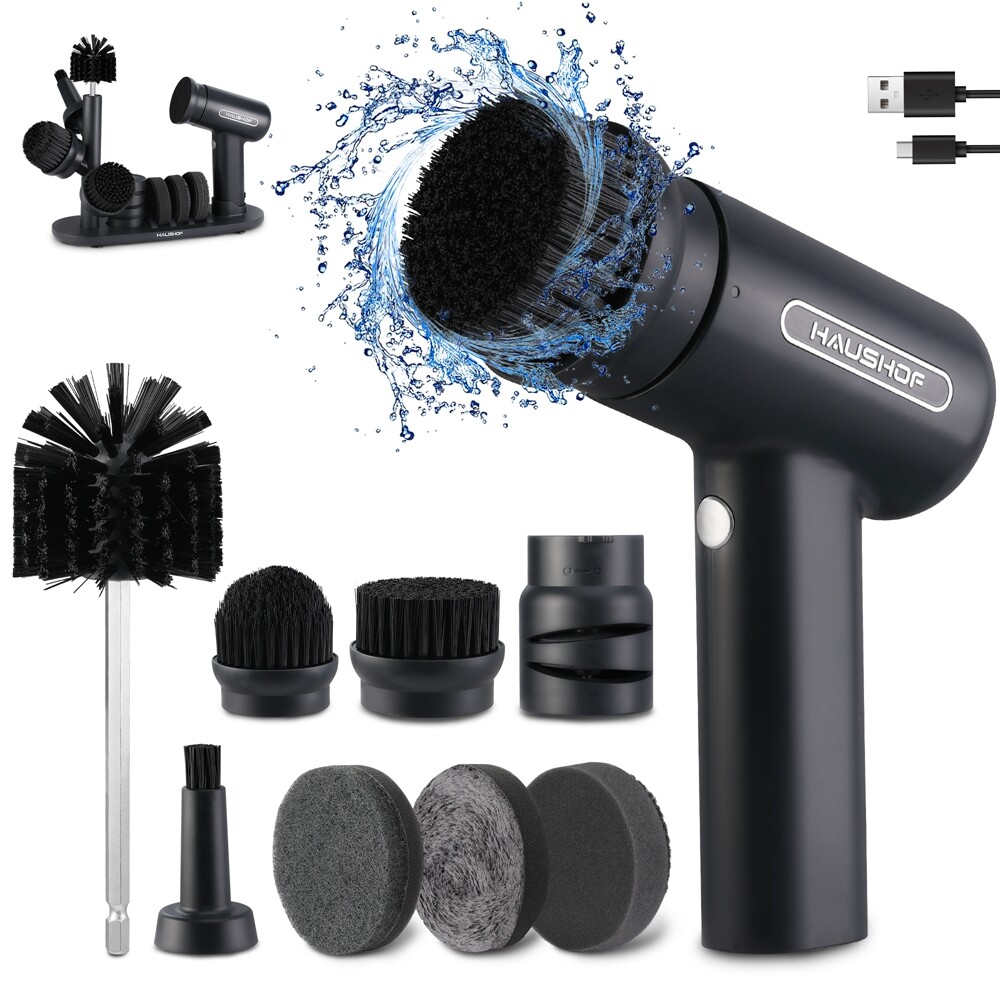 HAUSHOF Cordless Cleaning Brush Electric Spin Scrubber 8 Cleaning Heads 3 Speeds