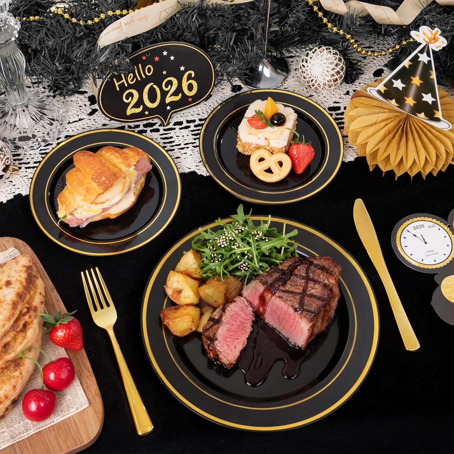 350 Pieces Black and Gold Plastic Plates with Disposable Silverware, Include 5