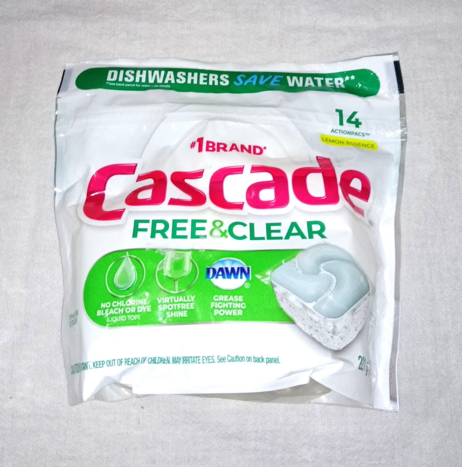 CASCADE FREE & CLEAR DISHWASHER PODS 14 CT LEMON ESSENCE NO CHLORINE BLEACH DYE