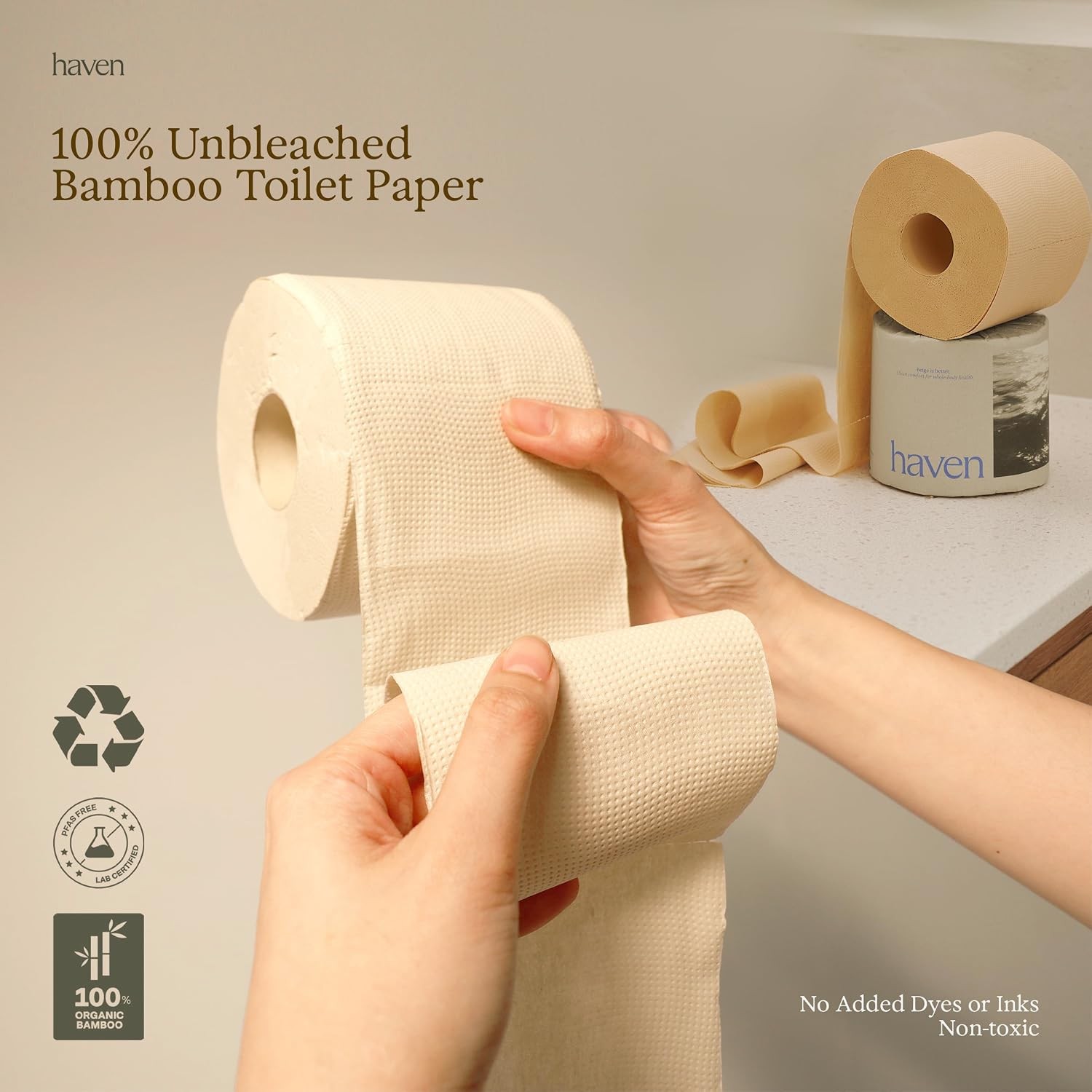 Haven Unbleached Bamboo Toilet Paper with Plastic Free Packaging, 3-Ply, 24 Ro