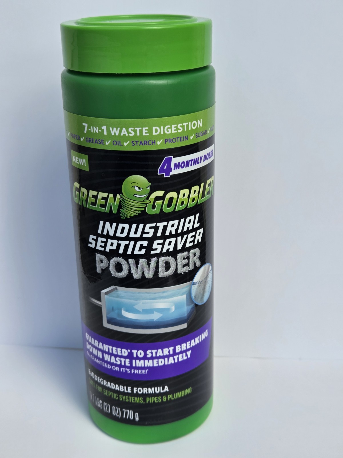 Green Gobbler Ind Septic Saver Tank Treatment Powder – 4 Monthly Doses, 1.7 lbs