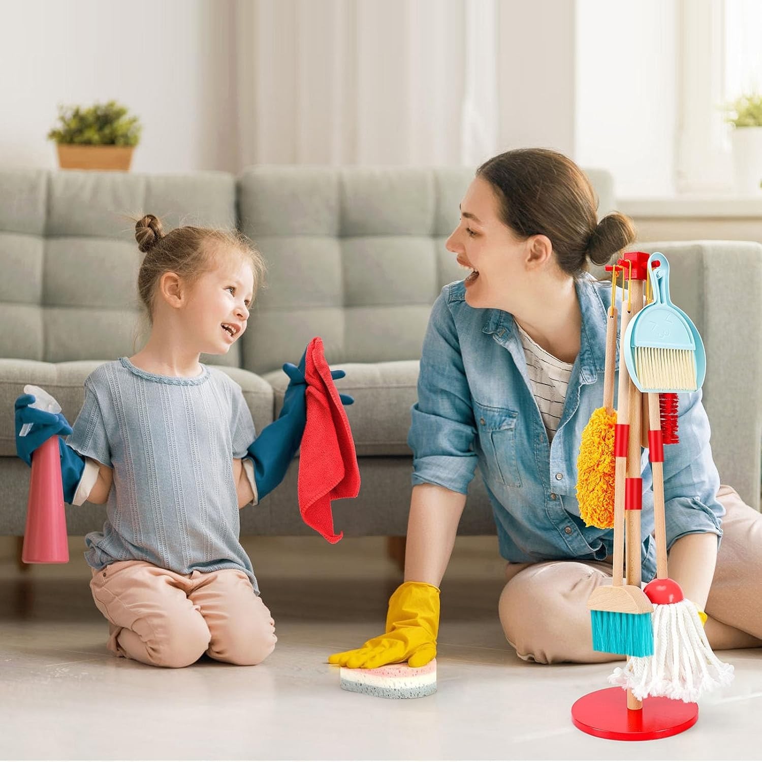 Kids Cleaning Toy Set Wooden Broom and Dustpan 9 Piece Playhouse Housekeeping