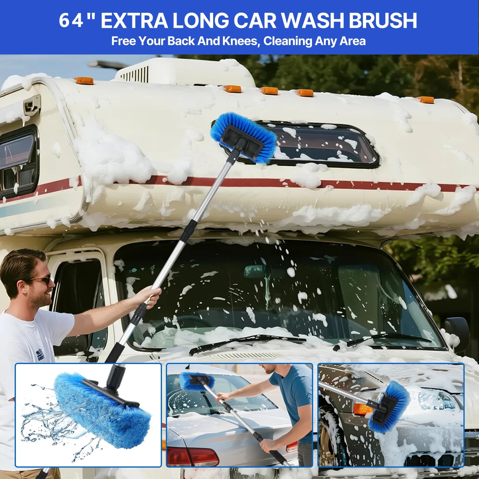 64 Inch Car Wash Brush Long Handle FlowThrough AntiScratch Hose Attachment