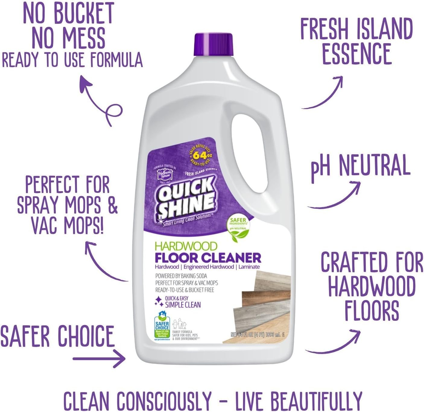64oz Hardwood Floor Cleaner – Plant-Based, Streak-Free, No Rinse – Safe for Kids