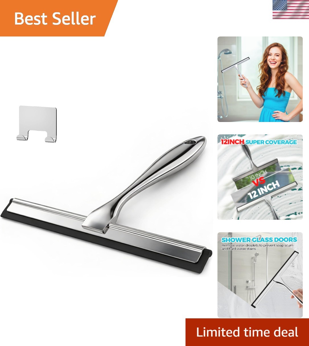 Featherlight 12-Inch Shower Squeegee with Non-Slip Grip & Easy Storage Solution