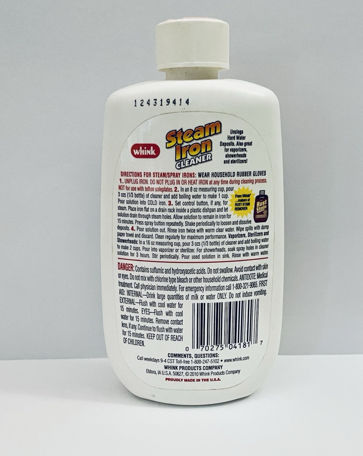 WHINK STEAM IRON CLEANER UNCLOGS HARD WATER DEPOSIT 10 FL OZ NEW OLD STOCK
