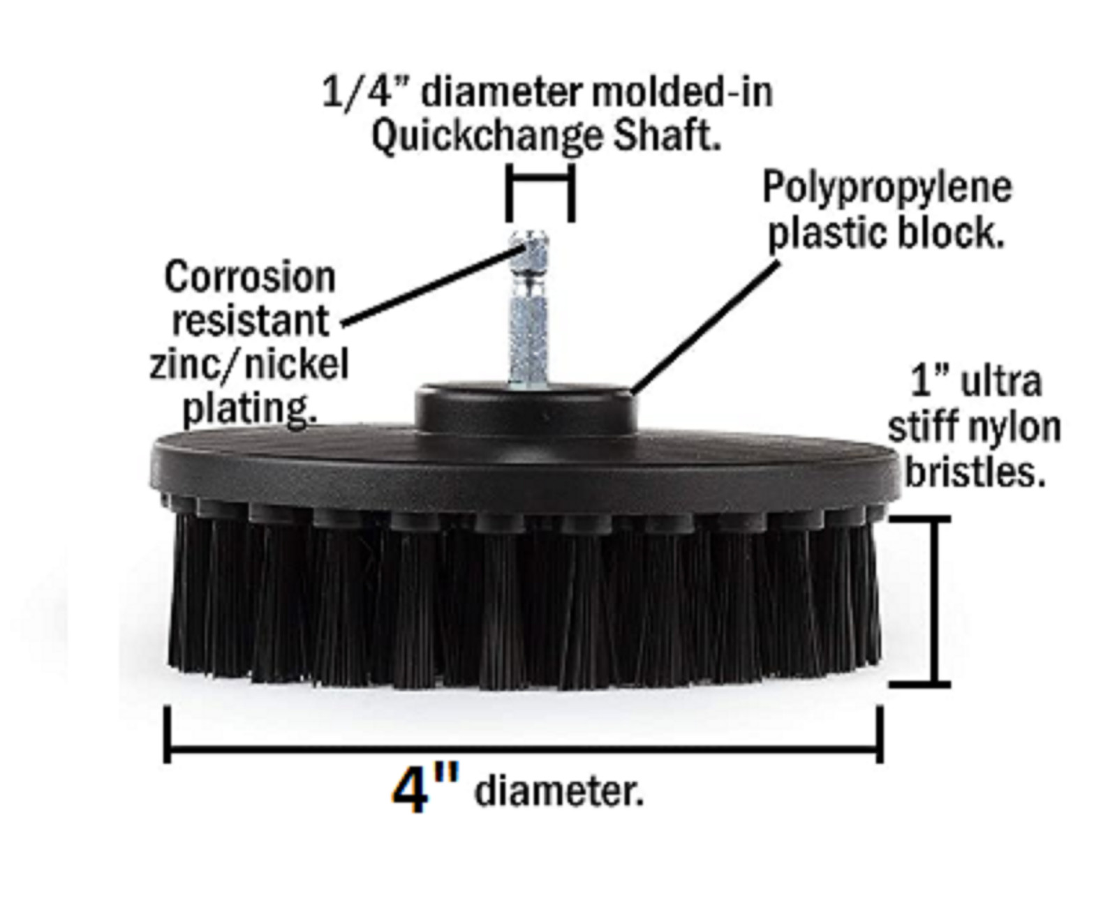 4 PACK Black Ultra Stiff Drill Brush SET for Heavy Duty Cleaning