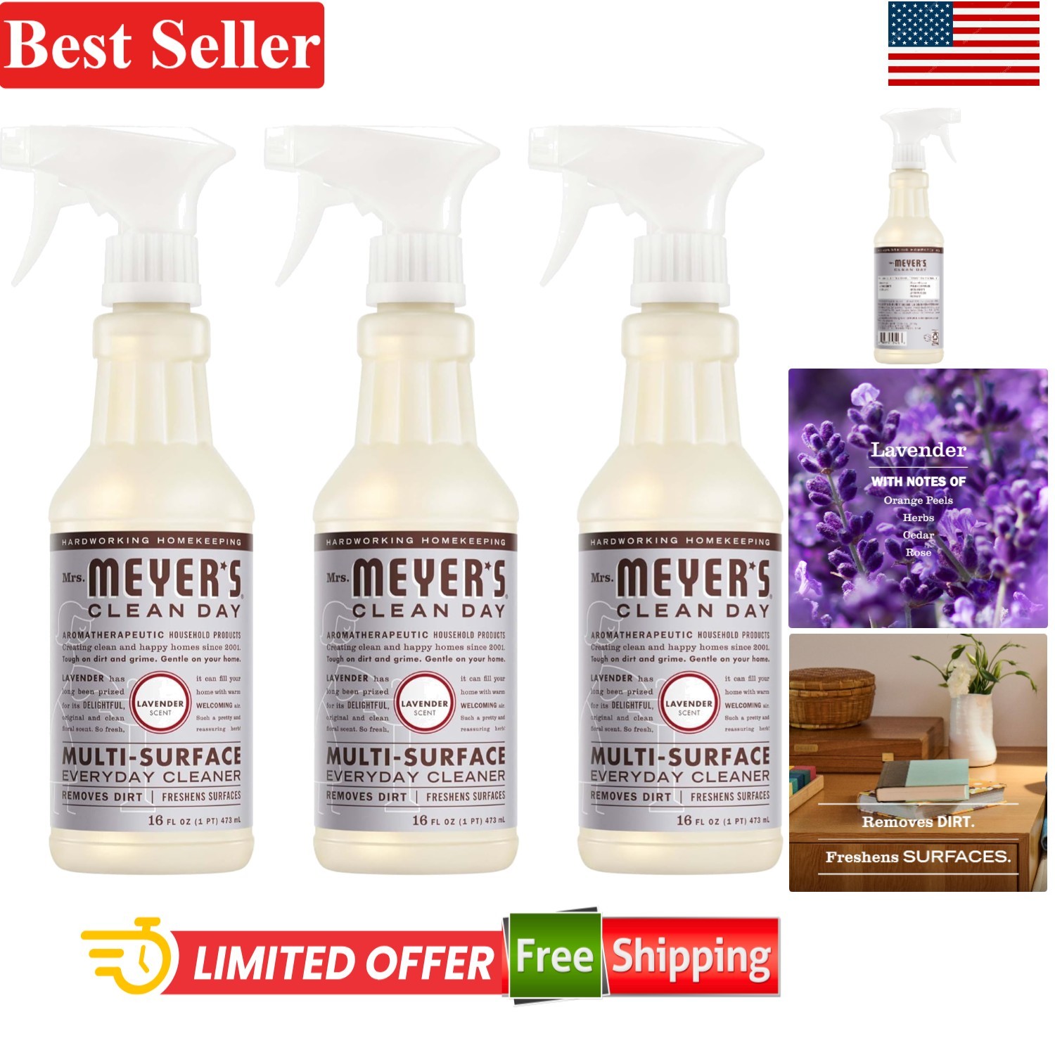 Eco-Friendly Lavender Cleaner – 3 Pack, 16 Fl Oz Each for Fresh Home Fragrance