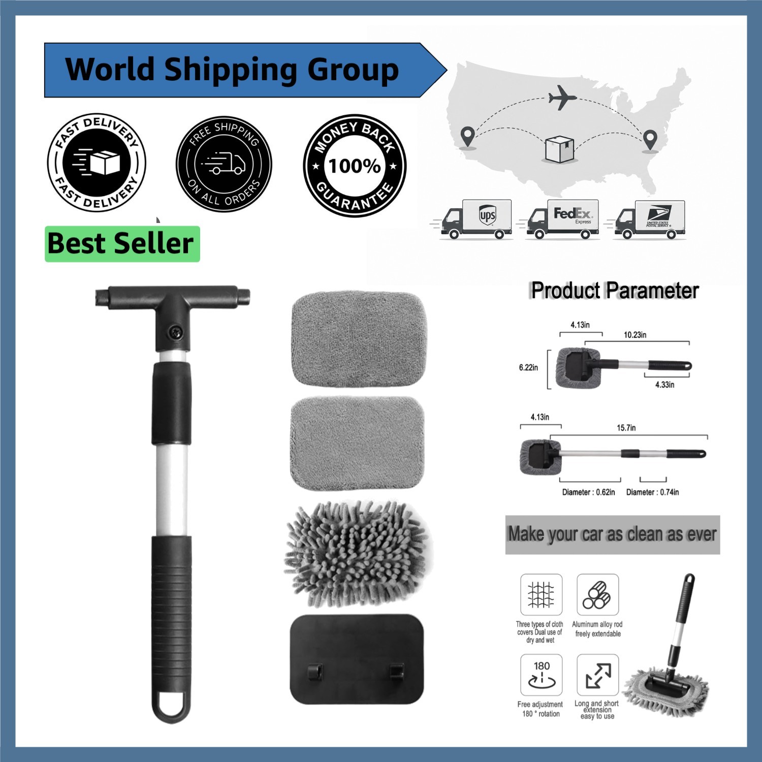 Compact 3-in-1 Vehicle Cleaning Brush with Telescopic Handle for Optimal
