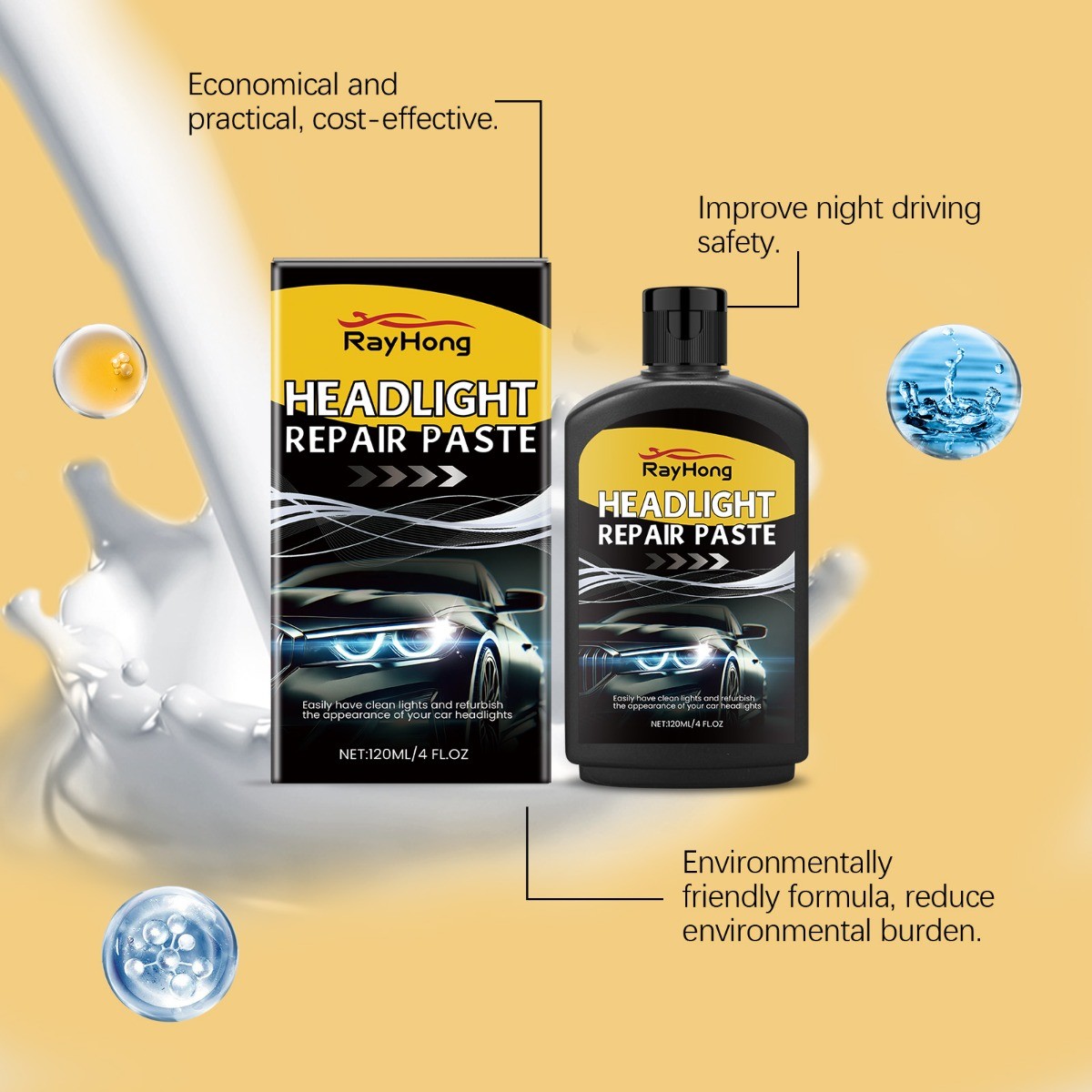 Headlight Restoration Kit, Car Lens Polish Cleaner for Oxidized Headlights