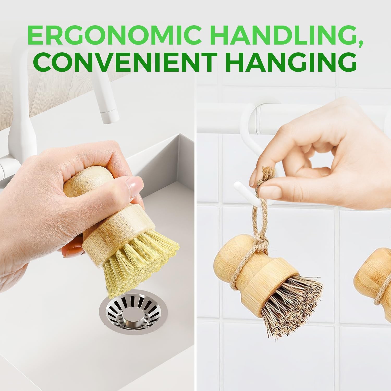 Bamboo Dish Brush Set of 3-100% Plastic Free Kitchen Scrubber with Medium Stiff