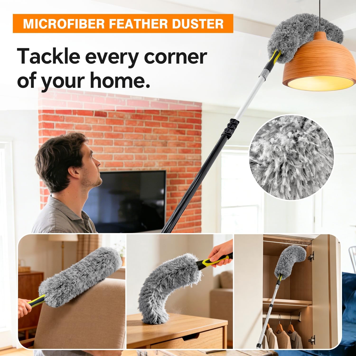 4-12Ft Telescoping Extension Pole Kit 5-in-1 High Reach Duster with Chenille